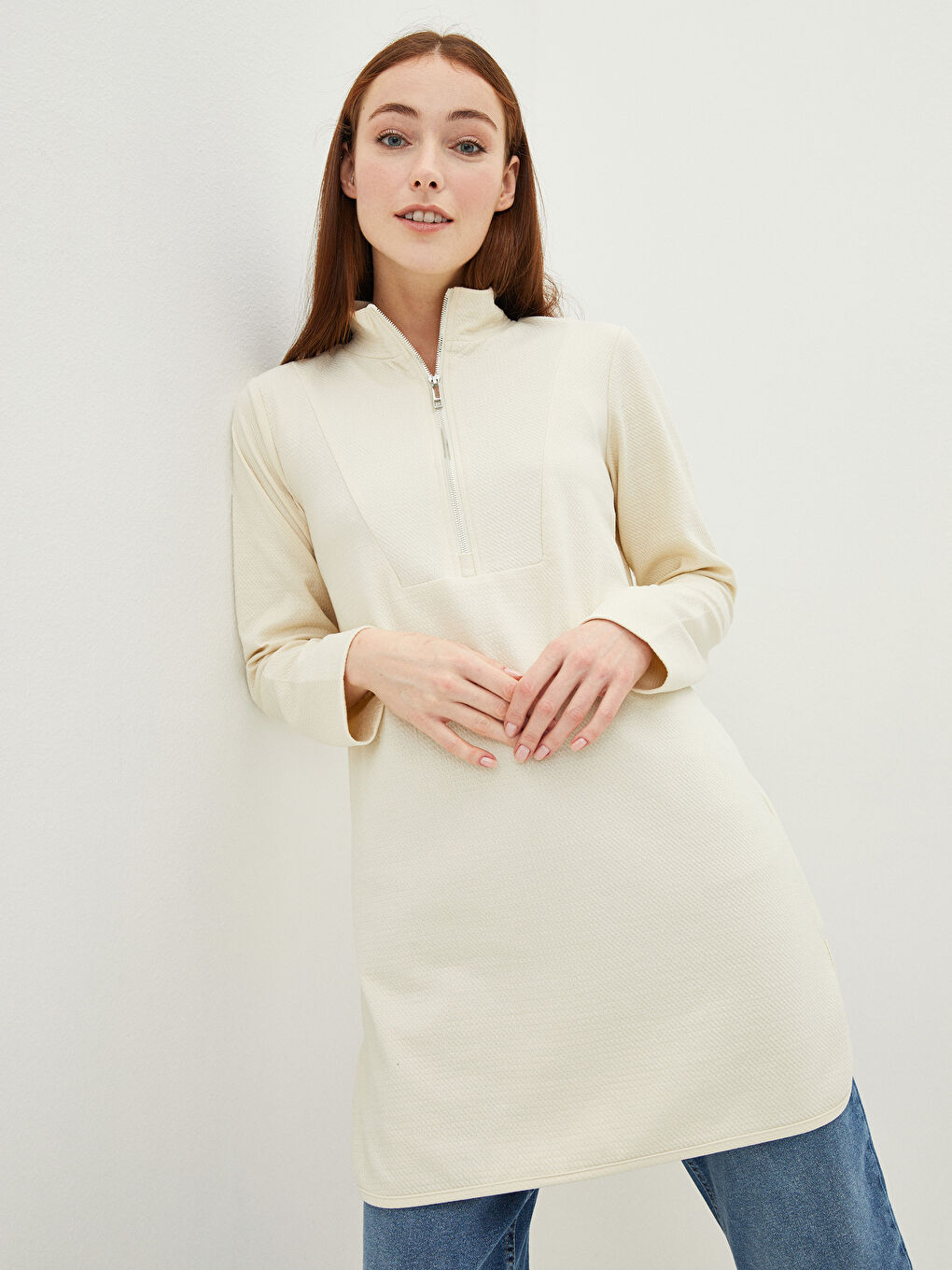 Bej Yarım Balıkçı Yaka Düz Uzun Kollu Kadın Tunik-1