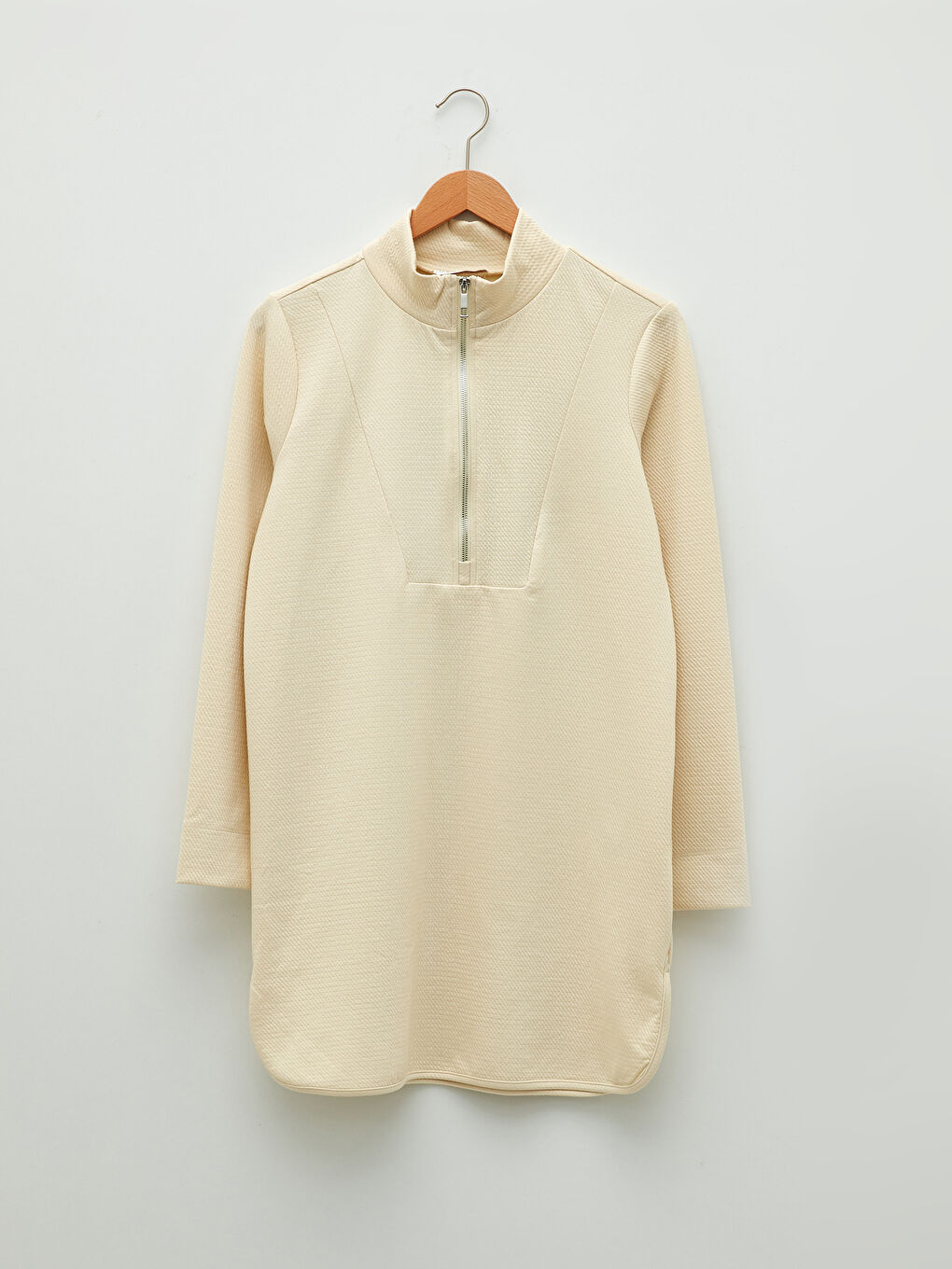 Bej Yarım Balıkçı Yaka Düz Uzun Kollu Kadın Tunik-5