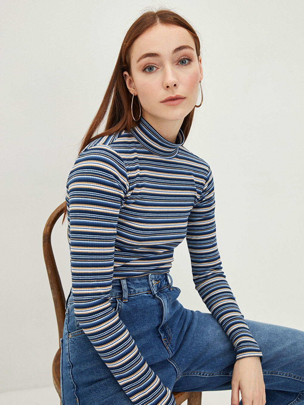 Standing Collar Striped Long Sleeve Camisole Women's T-Shirt