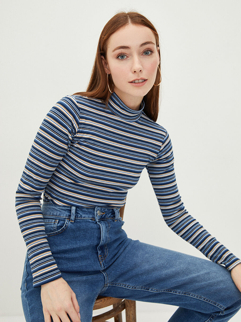 Standing Collar Striped Long Sleeve Camisole Women's T-Shirt-1