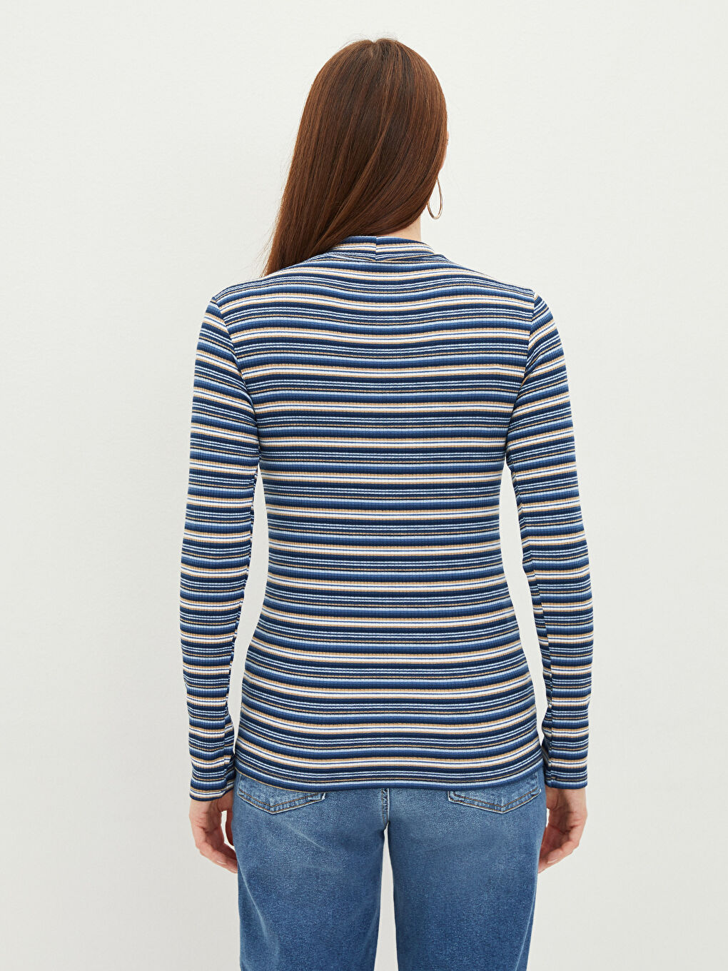 Standing Collar Striped Long Sleeve Camisole Women's T-Shirt-3