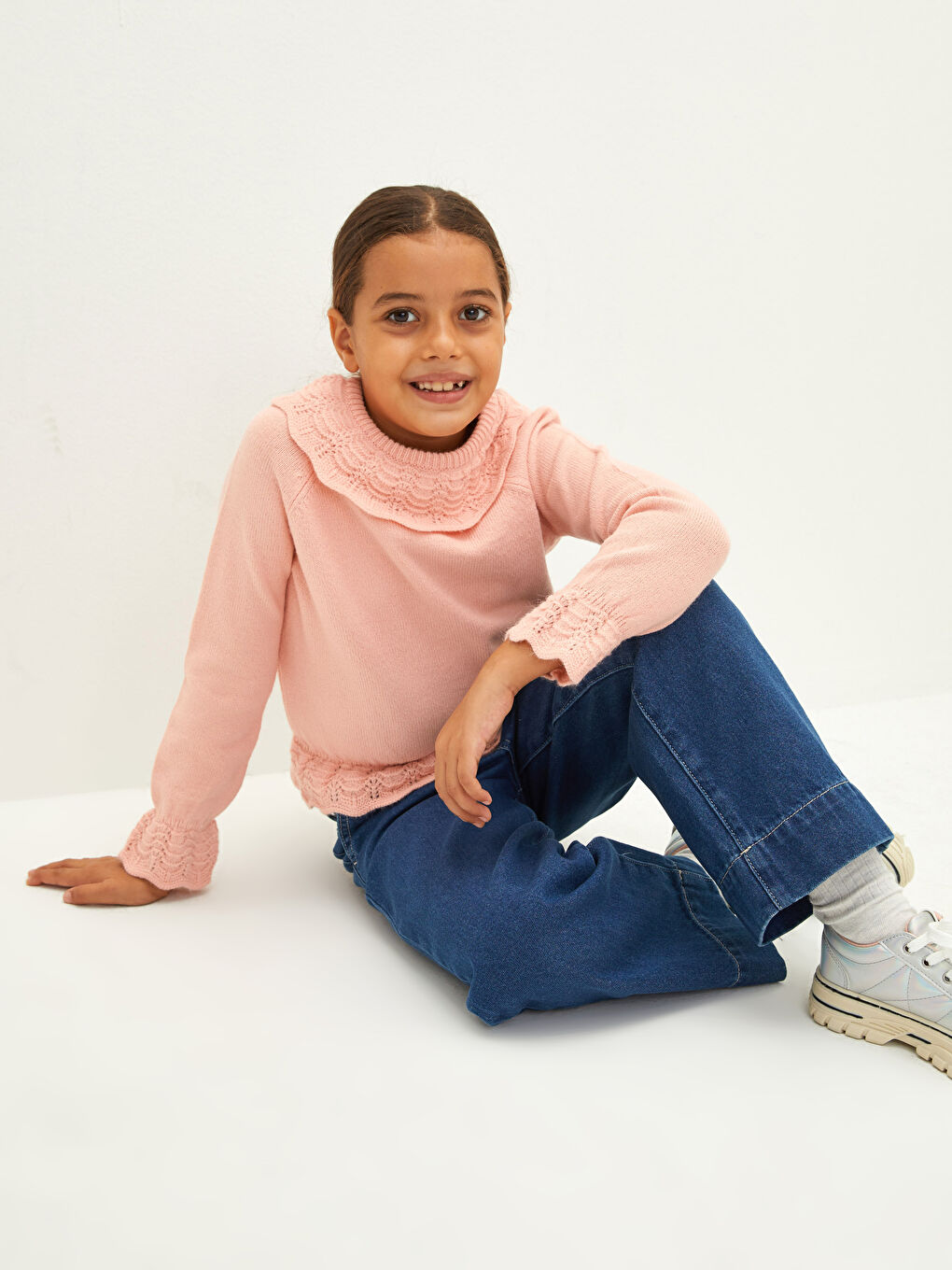 Pembe Bisiklet Yaka Kendinden Desenli Uzun Kollu Kız Çocuk Triko Kazak-1