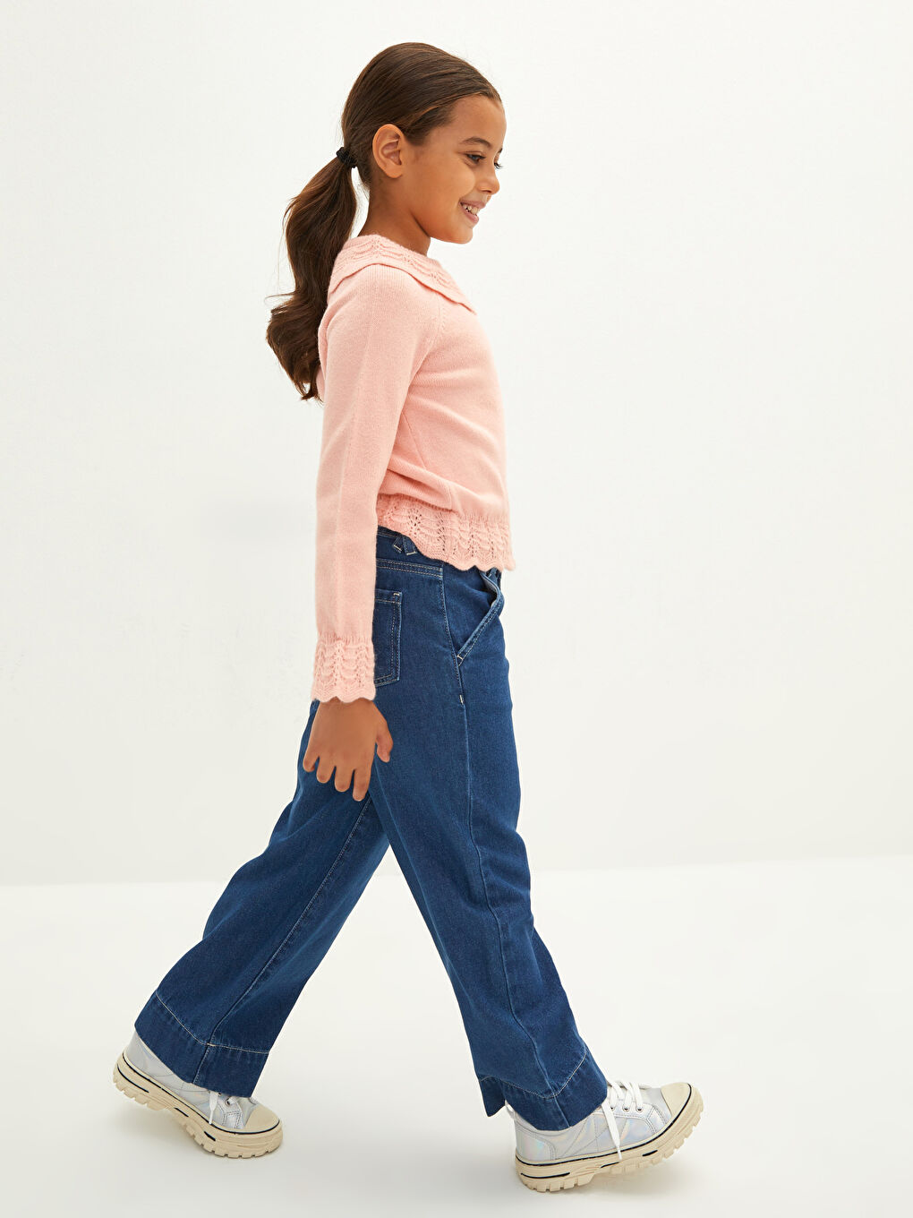 Pembe Bisiklet Yaka Kendinden Desenli Uzun Kollu Kız Çocuk Triko Kazak-2