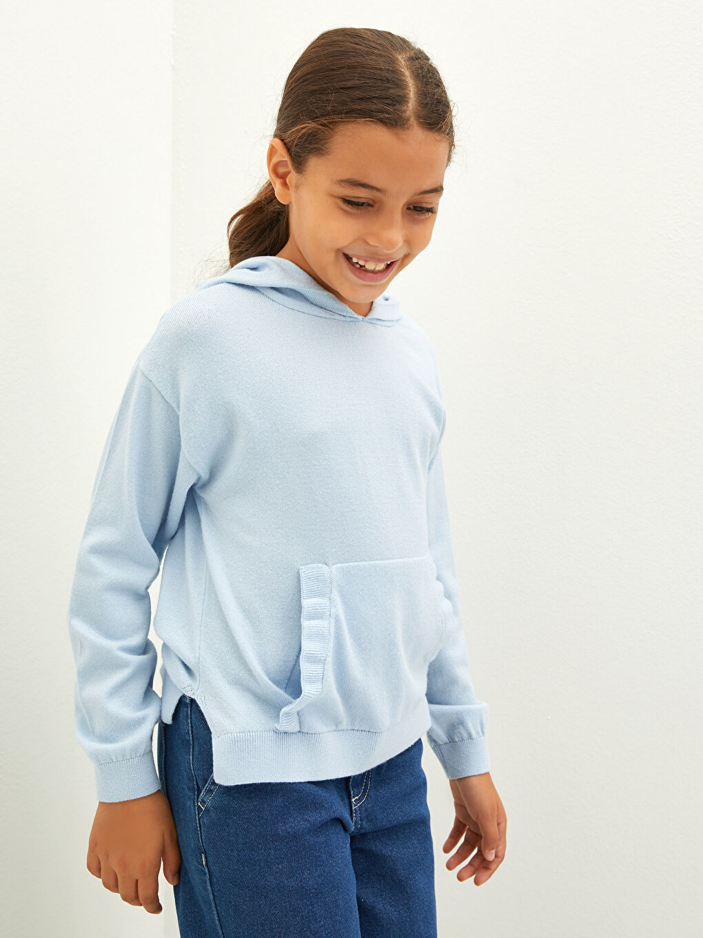 LCW Kids Hooded Basic Long Sleeve Girl Tricot Sweater -W1HK19Z4-G9Q
