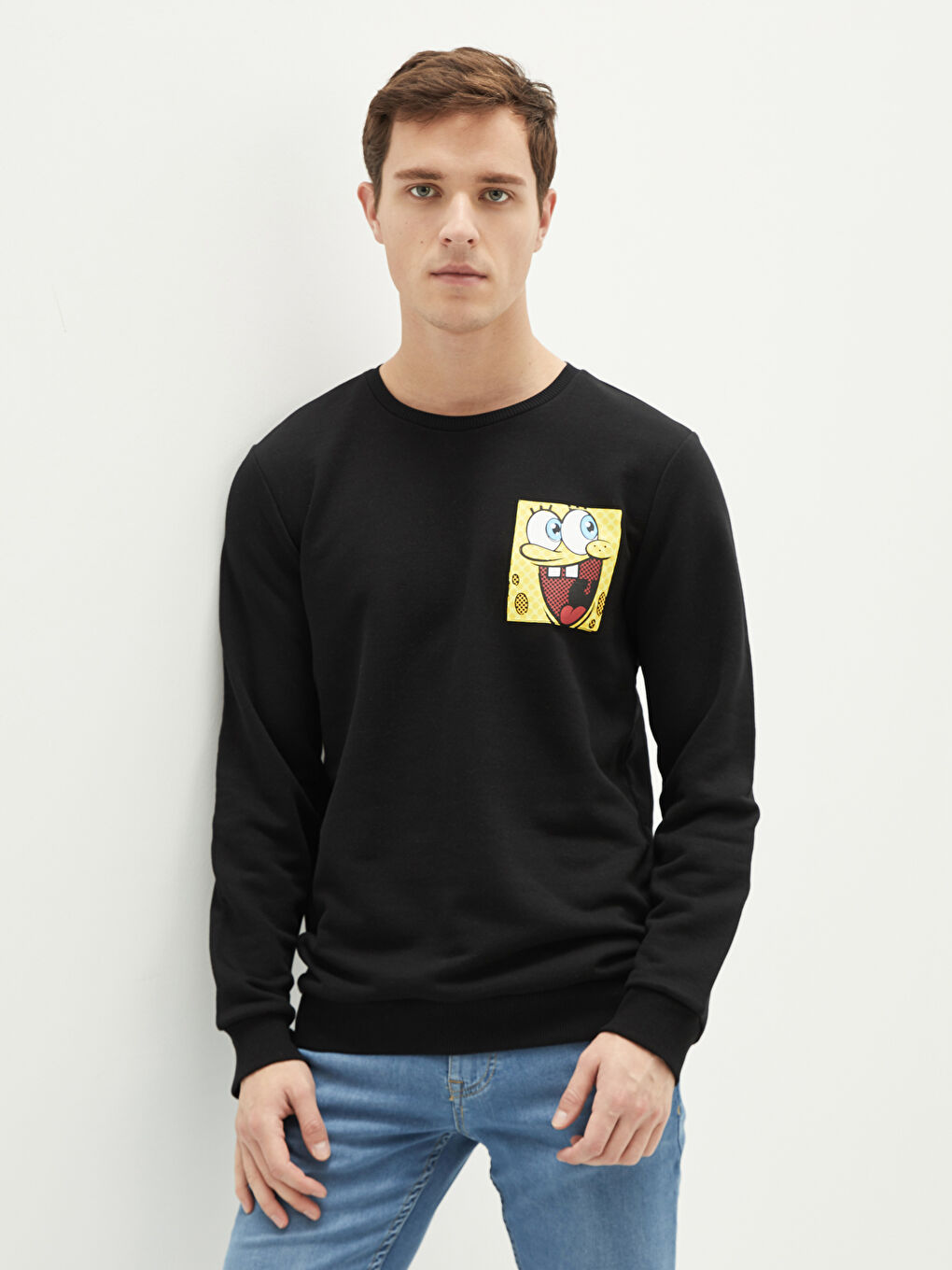 Siyah Bisiklet Yaka Uzun Kollu Sünger Bob Baskılı Erkek Sweatshirt Baba ve Oğul Kombini-1