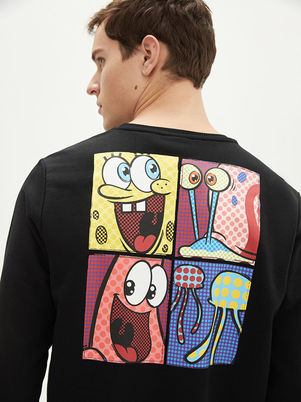 Siyah Bisiklet Yaka Uzun Kollu Sünger Bob Baskılı Erkek Sweatshirt Baba ve Oğul Kombini-3