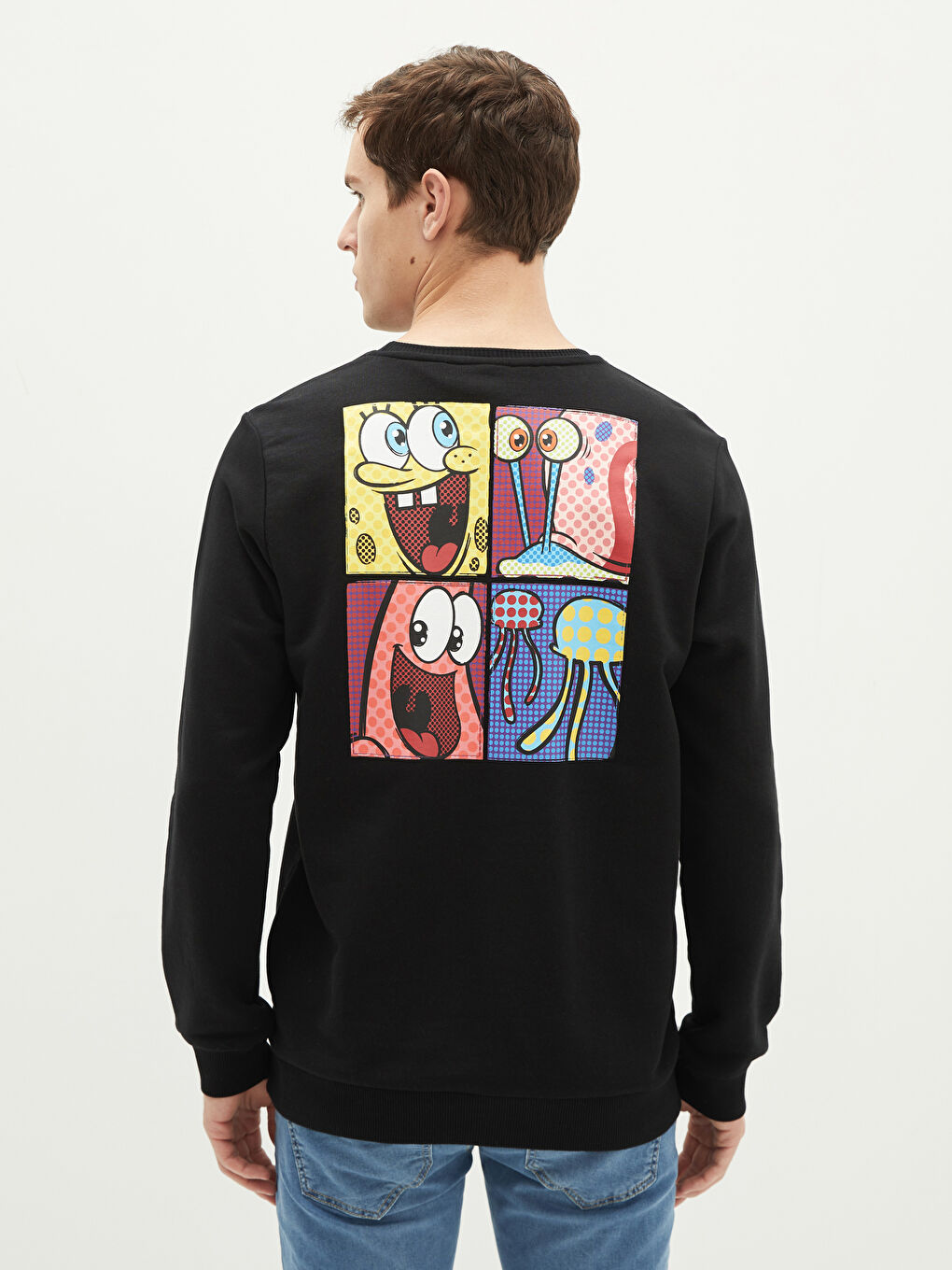 Siyah Bisiklet Yaka Uzun Kollu Sünger Bob Baskılı Erkek Sweatshirt Baba ve Oğul Kombini-4