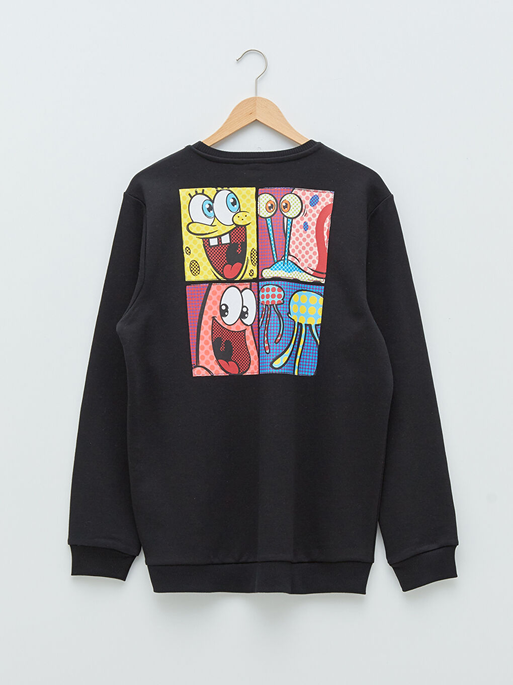 Siyah Bisiklet Yaka Uzun Kollu Sünger Bob Baskılı Erkek Sweatshirt Baba ve Oğul Kombini-6