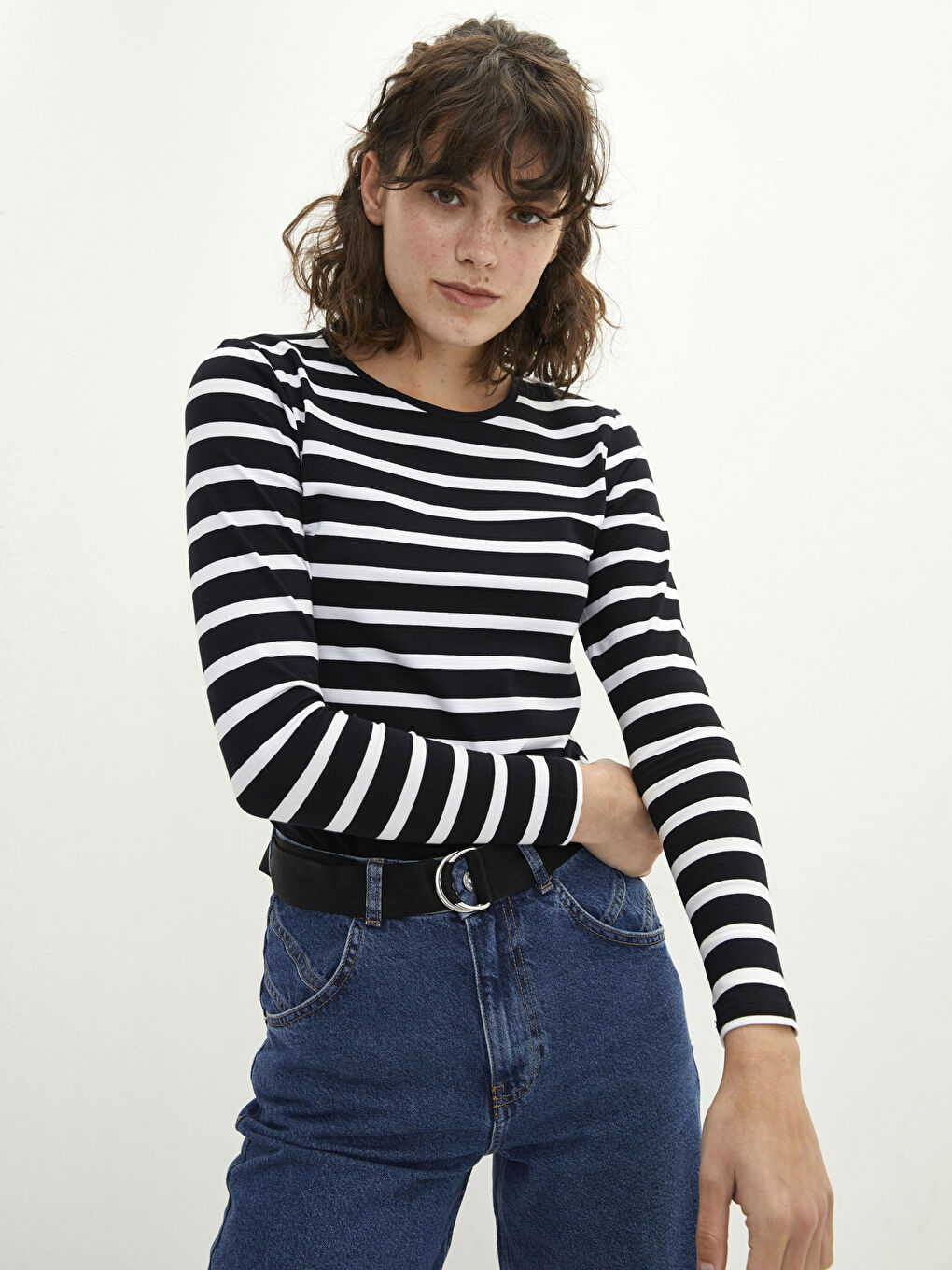 Rundhalsausschnitt Gestreift Langarm Baumwolle Damen T-Shirt-1