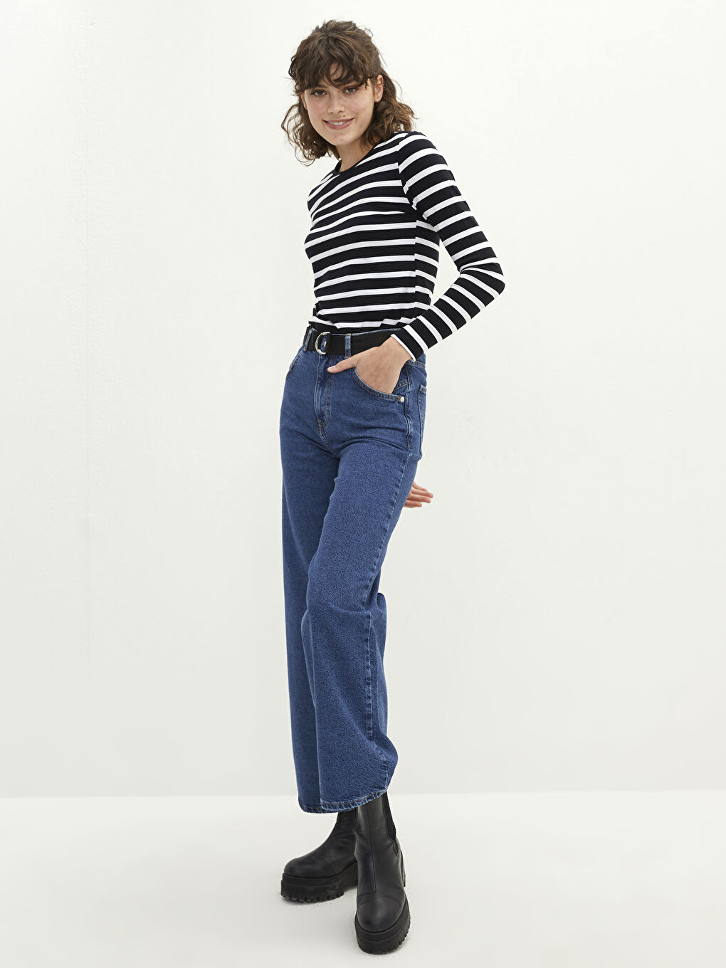 Rundhalsausschnitt Gestreift Langarm Baumwolle Damen T-Shirt-2