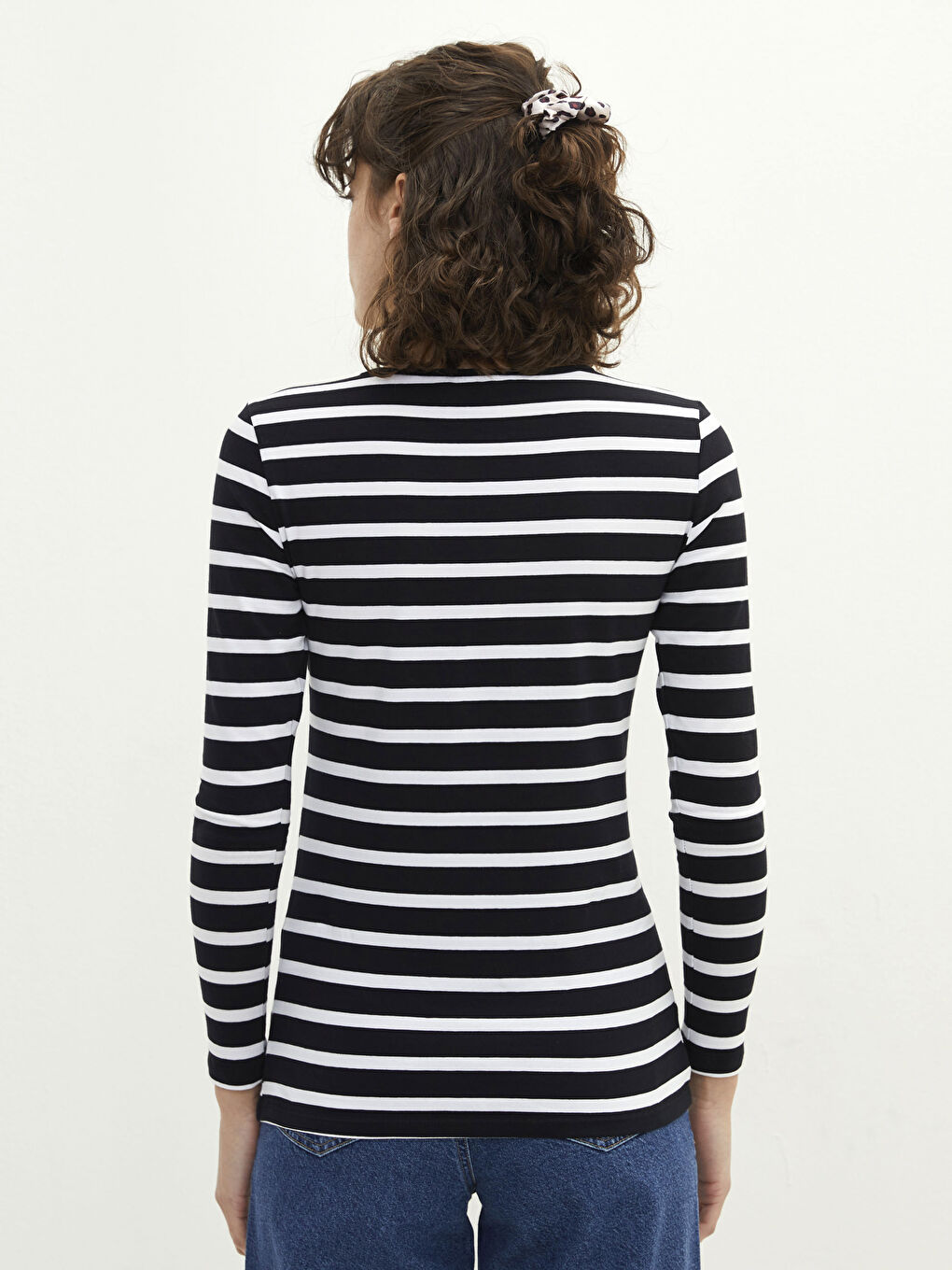 Rundhalsausschnitt Gestreift Langarm Baumwolle Damen T-Shirt-4