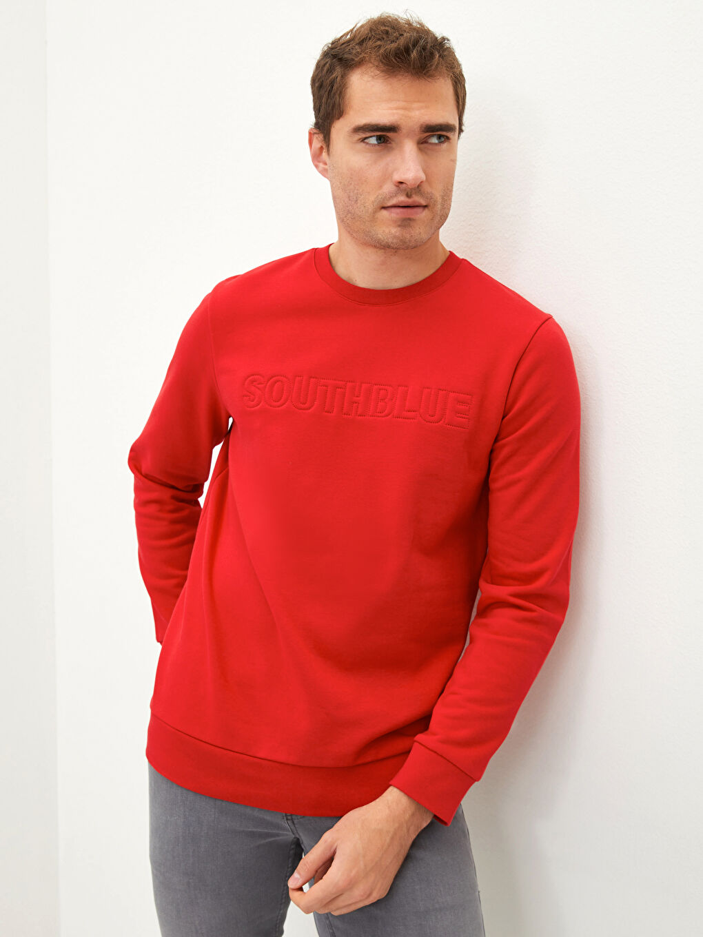 Kırmızı Bisiklet Yaka Uzun Kollu Baskılı Erkek Sweatshirt-1