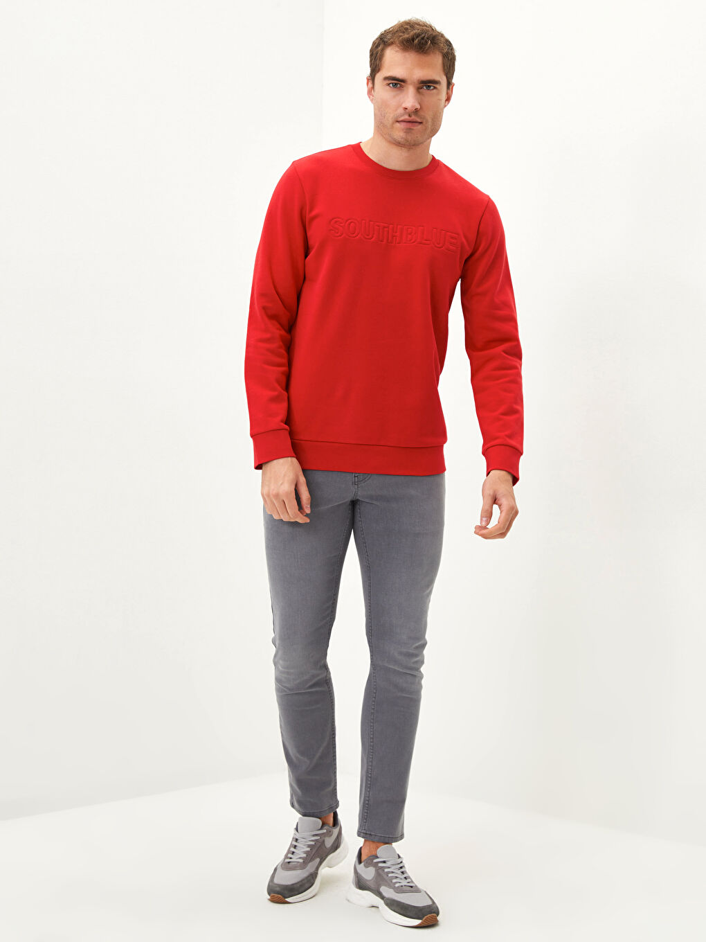 Kırmızı Bisiklet Yaka Uzun Kollu Baskılı Erkek Sweatshirt-2