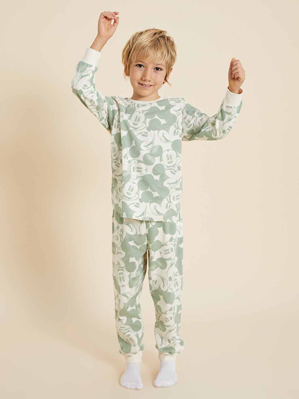 Ekru Mickey Mouse Kardeş Ürünler Erkek Çocuk Pijama Takımı-3