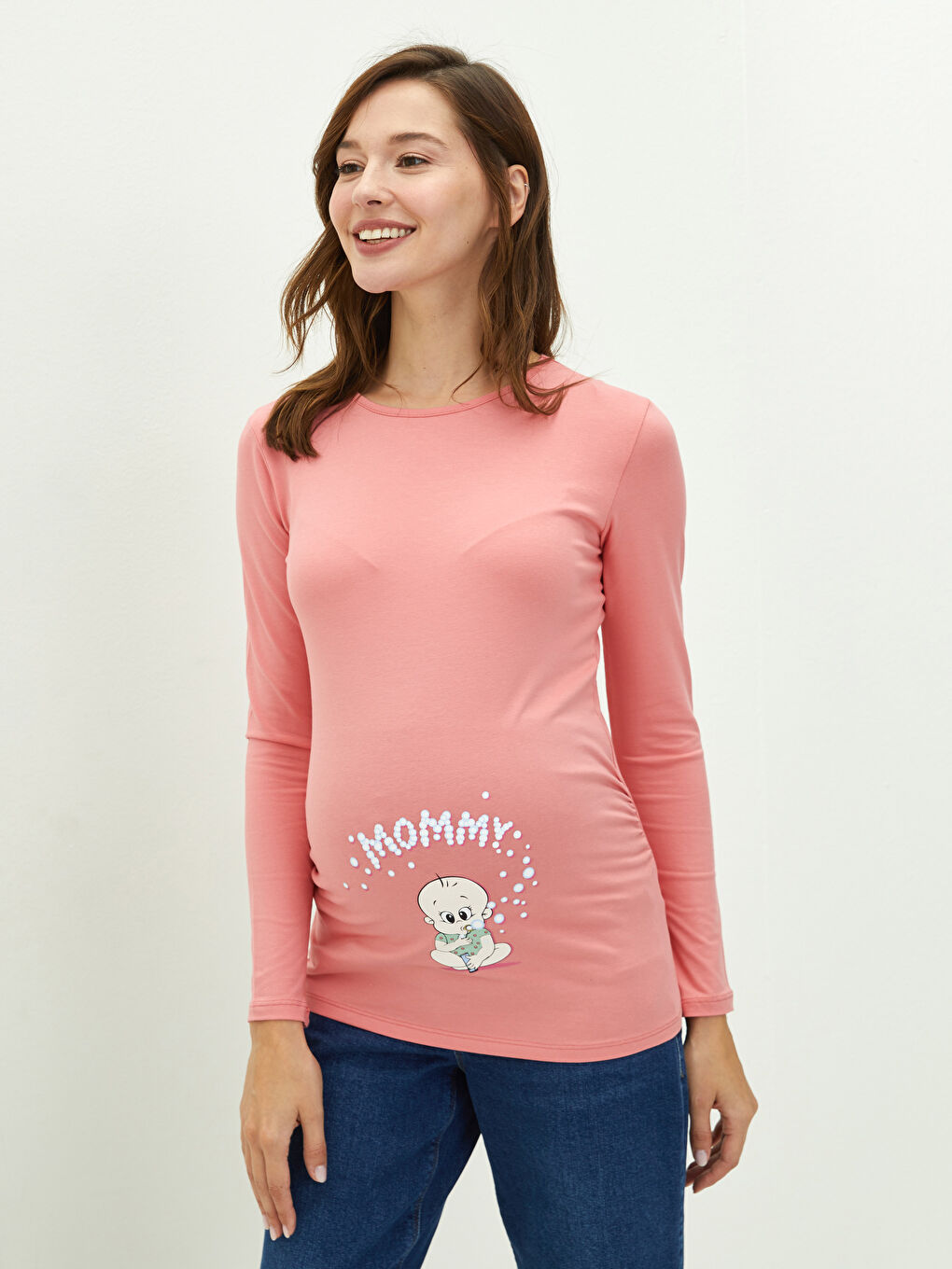 Crew Neck Printed Long Sleeve Maternity T-shirt-1