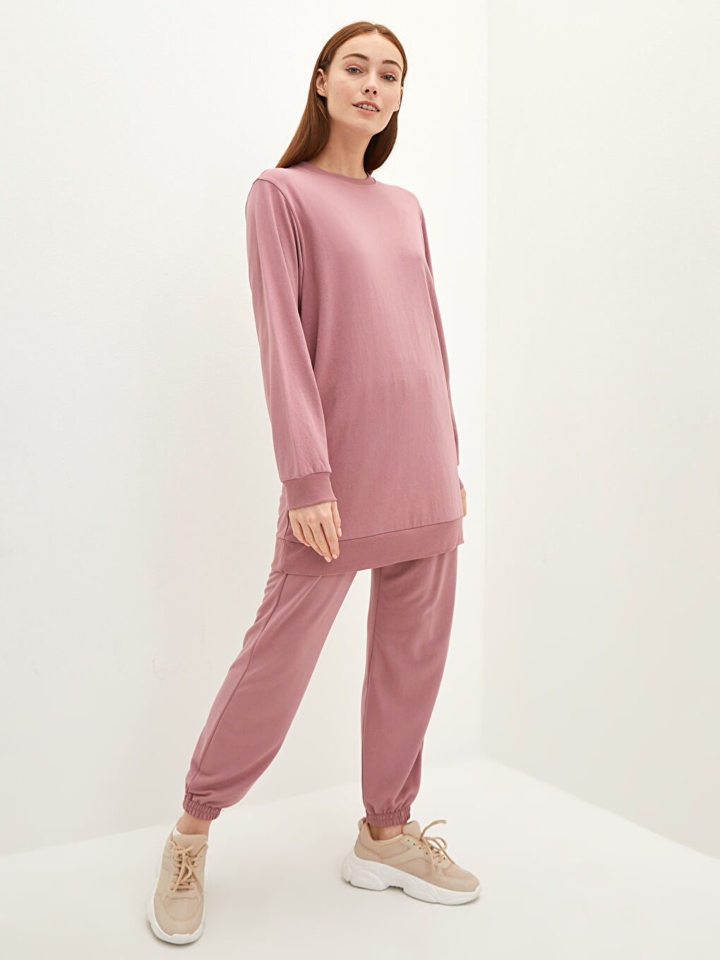 Pembe Kadın Beli Lastikli Düz Jogger Eşofman Altı