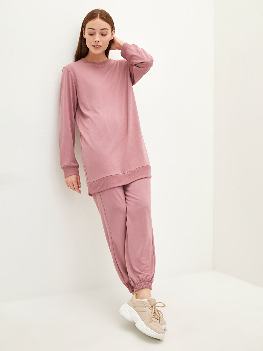 Pembe Kadın Beli Lastikli Düz Jogger Eşofman Altı-1