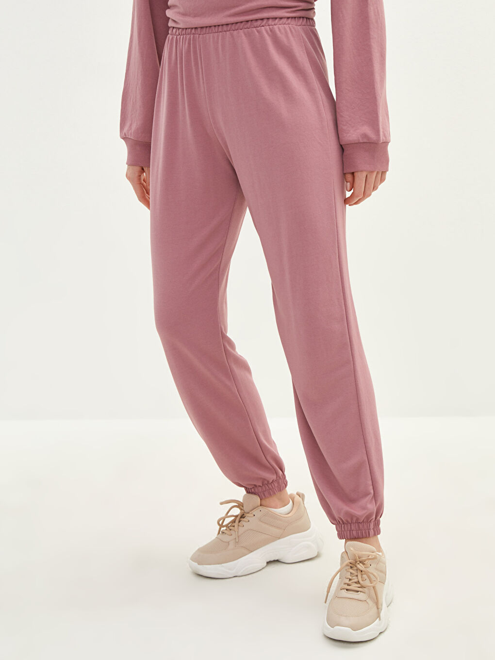 Pembe Kadın Beli Lastikli Düz Jogger Eşofman Altı-2