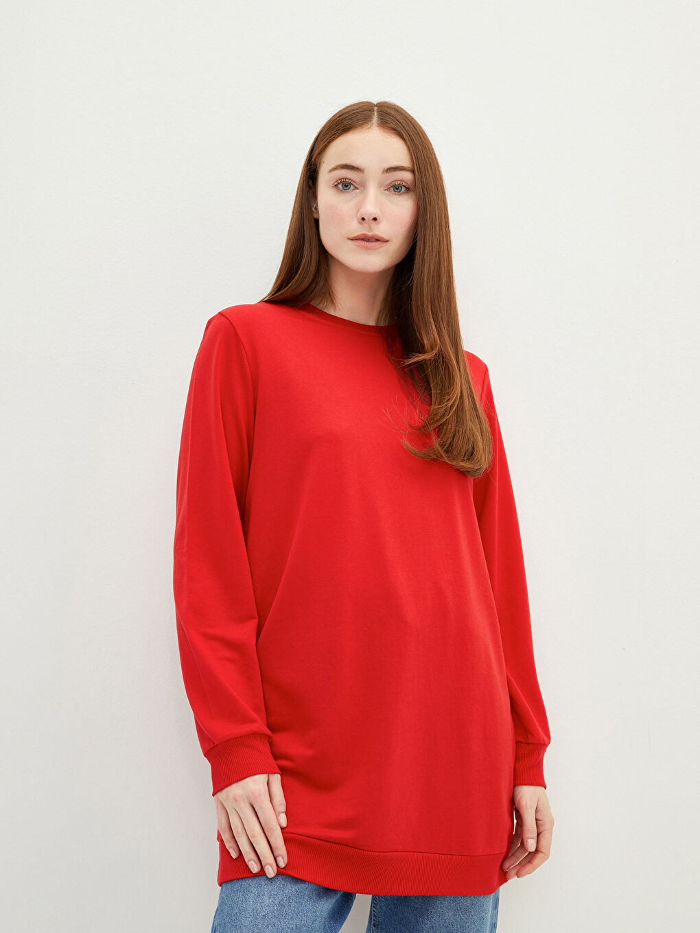 Crew Neck Plain Long Sleeve Women's Sweatshirt Tunic
