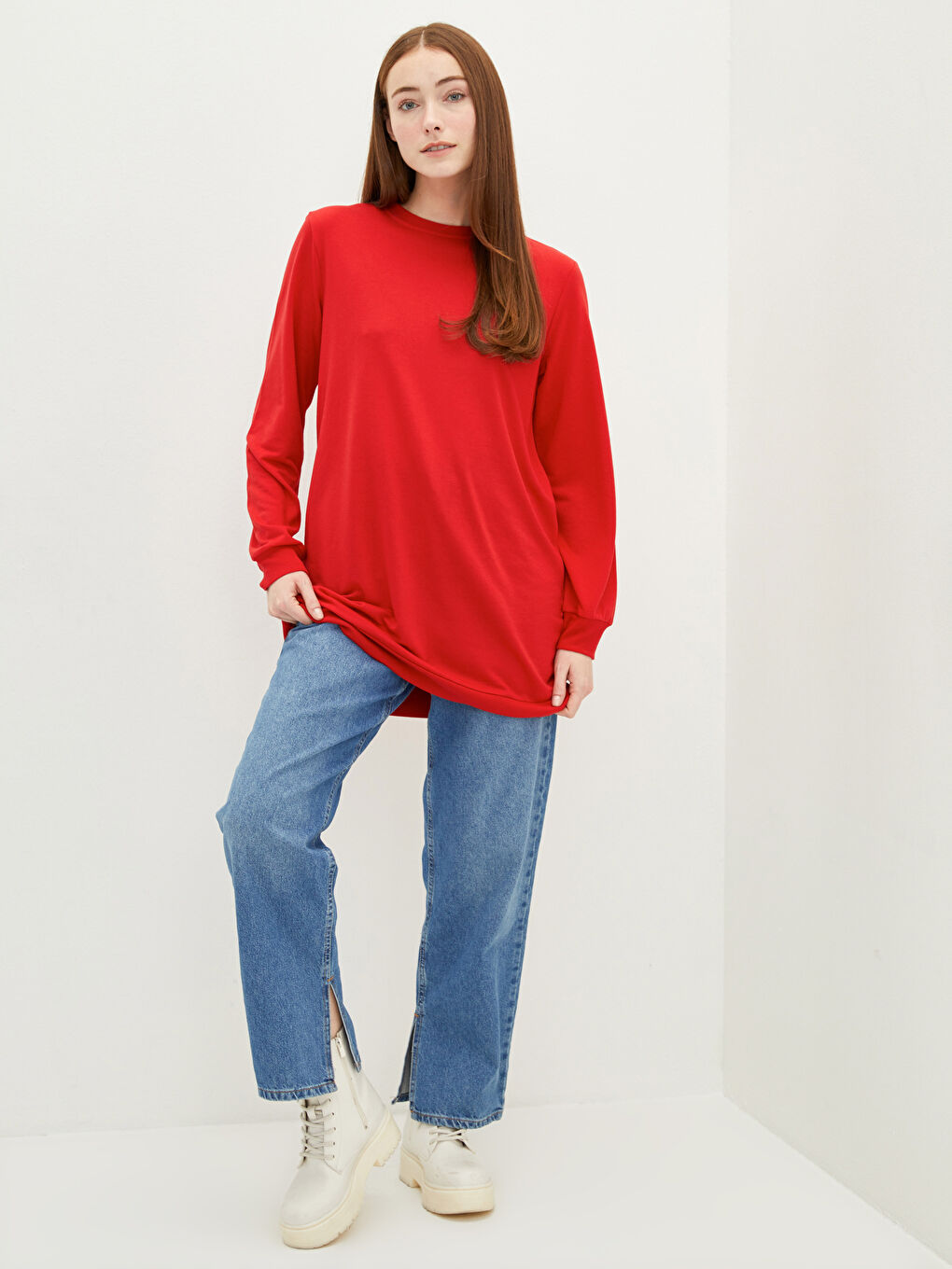 Crew Neck Plain Long Sleeve Women's Sweatshirt Tunic-1