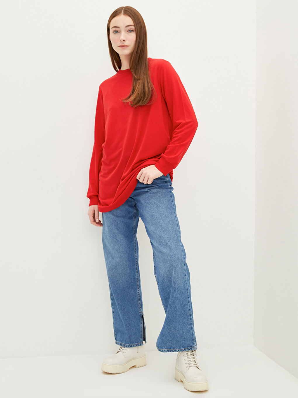 Crew Neck Plain Long Sleeve Women's Sweatshirt Tunic-2