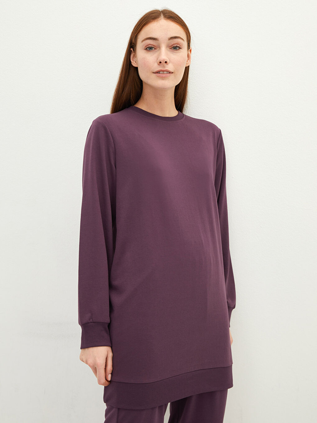 Mor Bisiklet Yaka Düz Uzun Kollu Kadın Sweatshirt Tunik