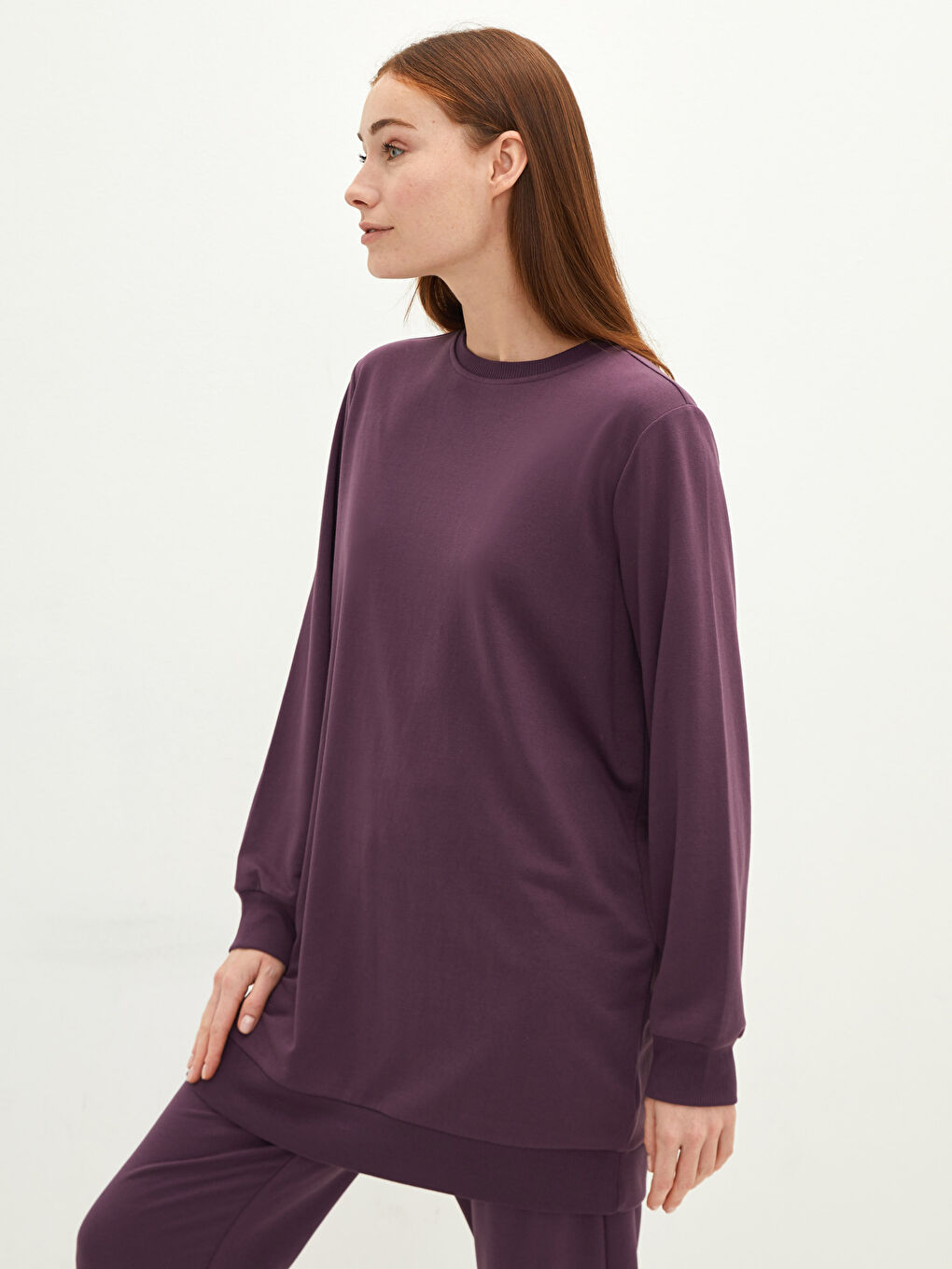 Mor Bisiklet Yaka Düz Uzun Kollu Kadın Sweatshirt Tunik-1