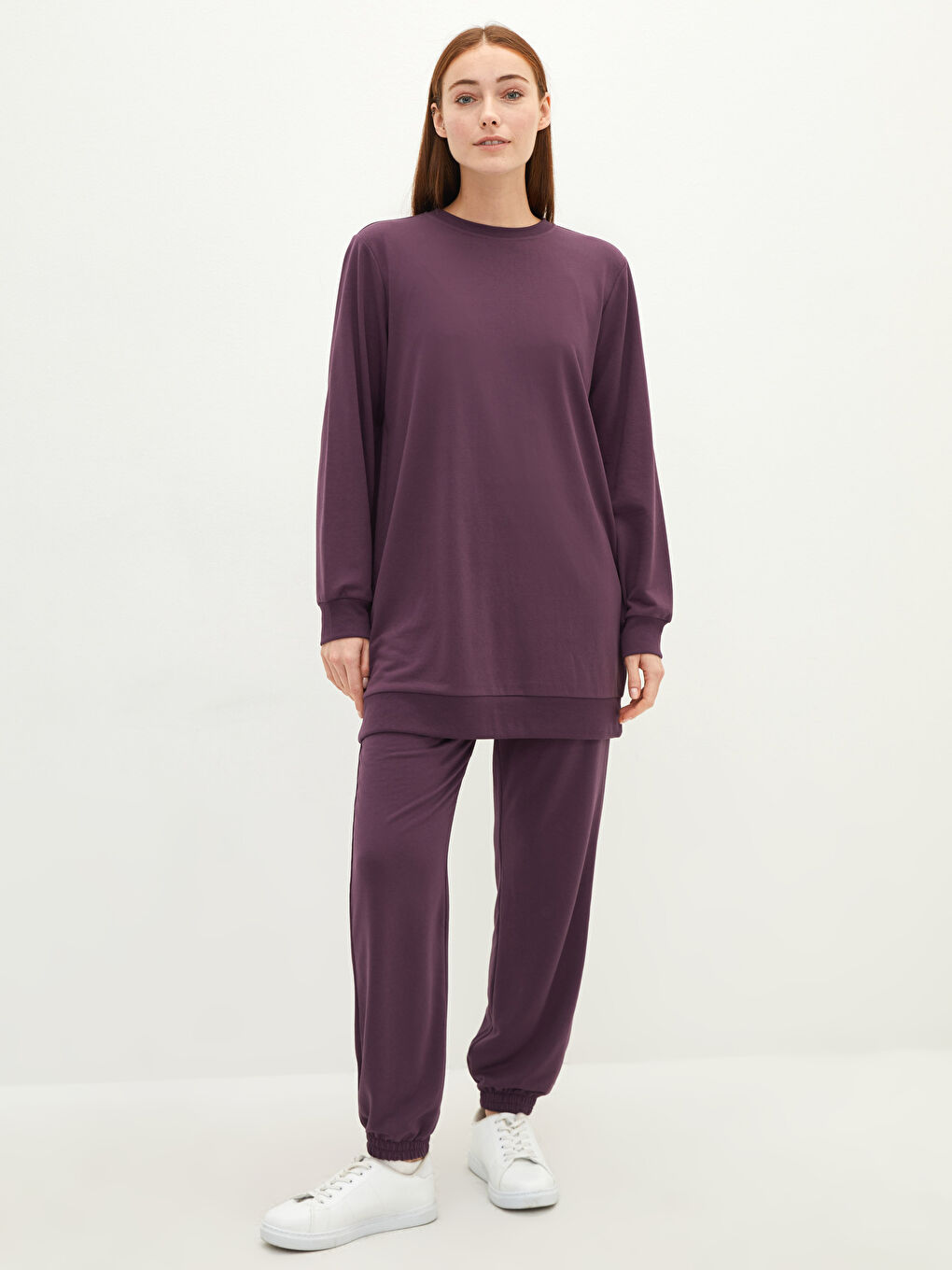 Mor Bisiklet Yaka Düz Uzun Kollu Kadın Sweatshirt Tunik-2