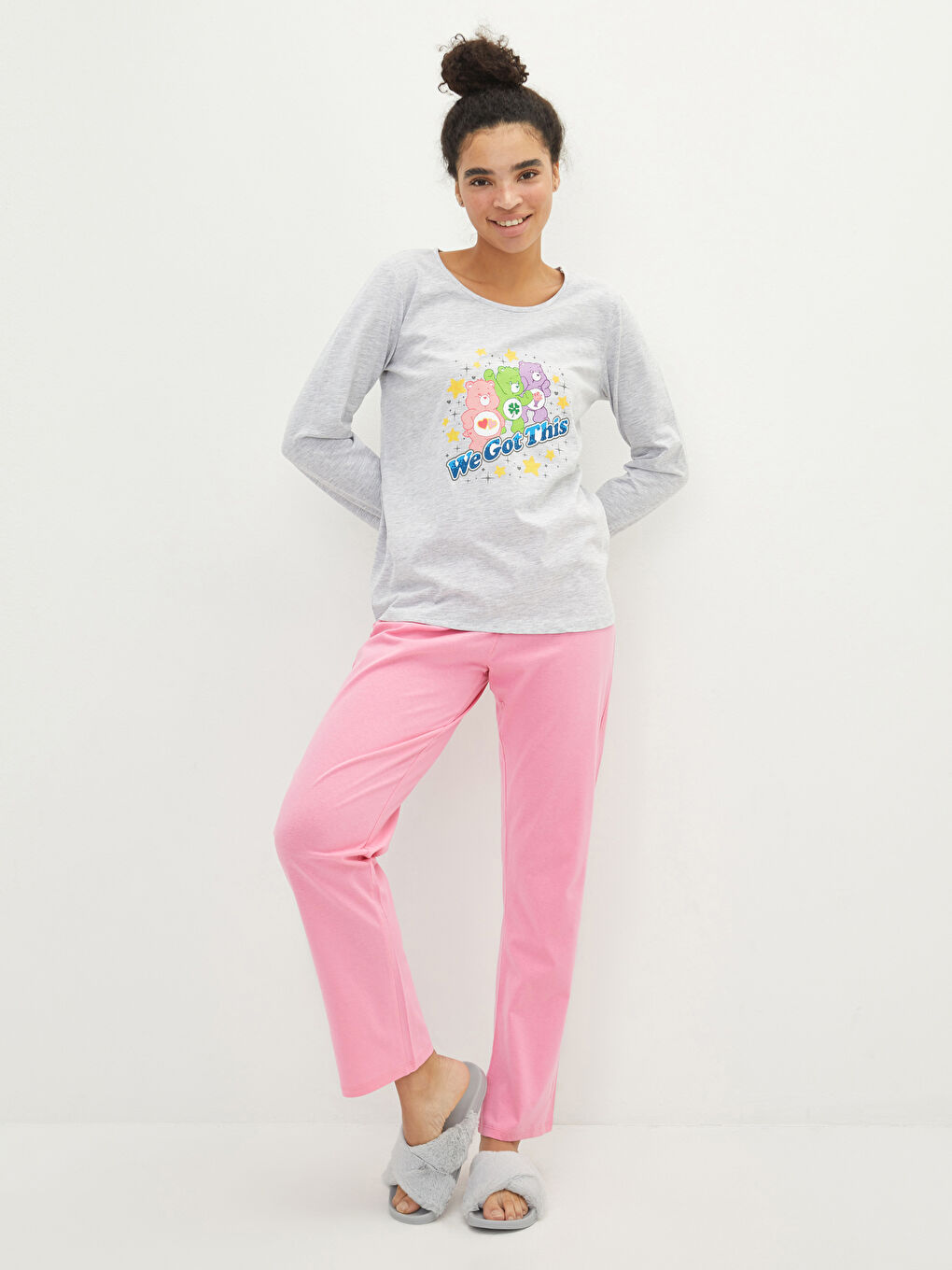 Rundhalsausschnitt Bedrucktes Langarm Baumwolle Damen-Pyjama-Set-1