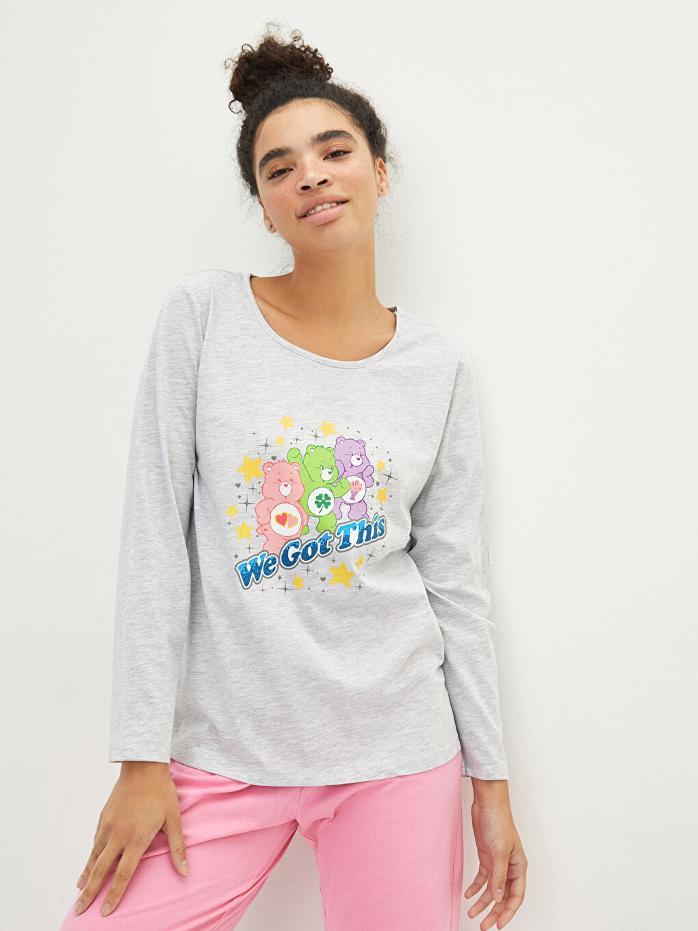 Rundhalsausschnitt Bedrucktes Langarm Baumwolle Damen-Pyjama-Set-2