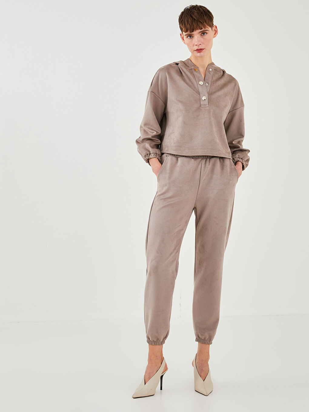 LCW Vision Kapüşonlu Düz Uzun Kollu Süet Kumaş Kadın Sweatshirt -W1HL51Z8-GQF