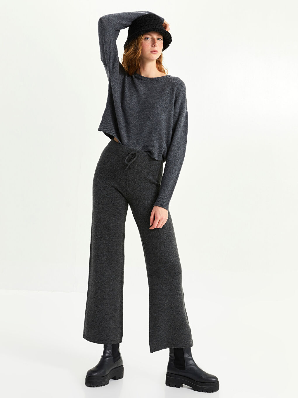 Antrasit Bisiklet Yaka Düz Uzun Kollu Kadın Triko Kazak-4