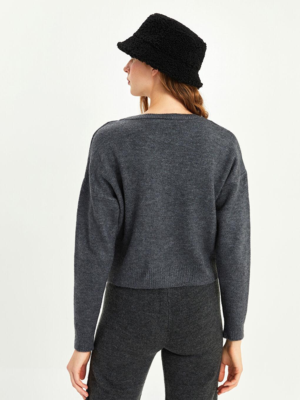 Antrasit Bisiklet Yaka Düz Uzun Kollu Kadın Triko Kazak-5