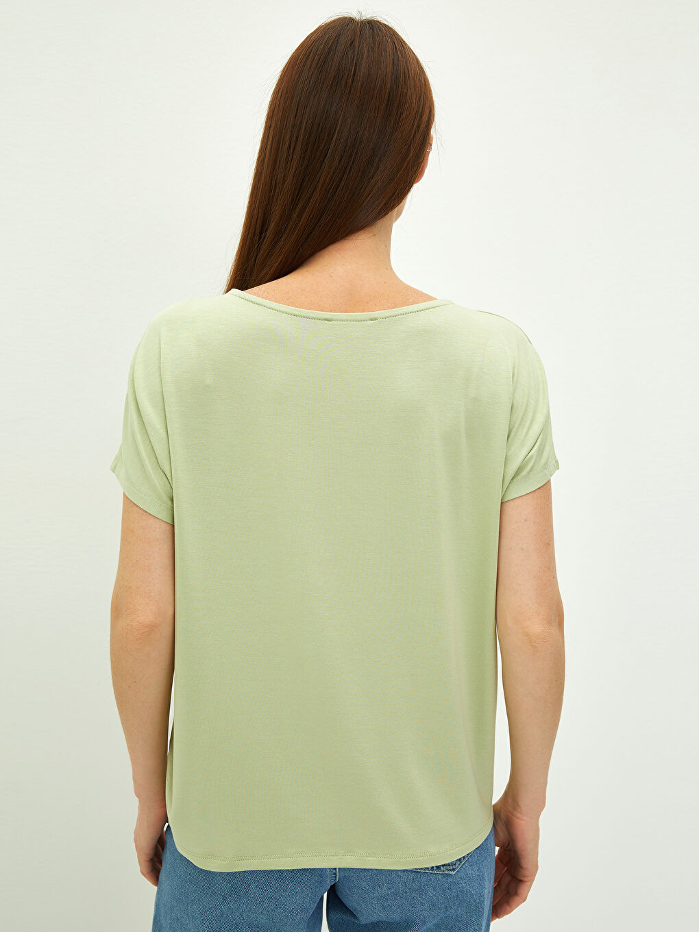 Yeşil Bisiklet Yaka Düz Kısa Kollu Kadın Tişört-4