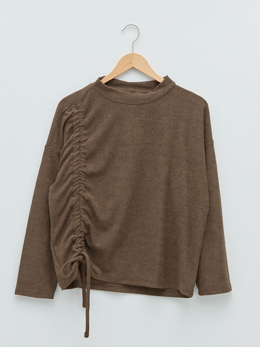 Kahverengi Bisiklet Yaka Büzgü Detaylı Uzun Kollu Kadın Kazak-6