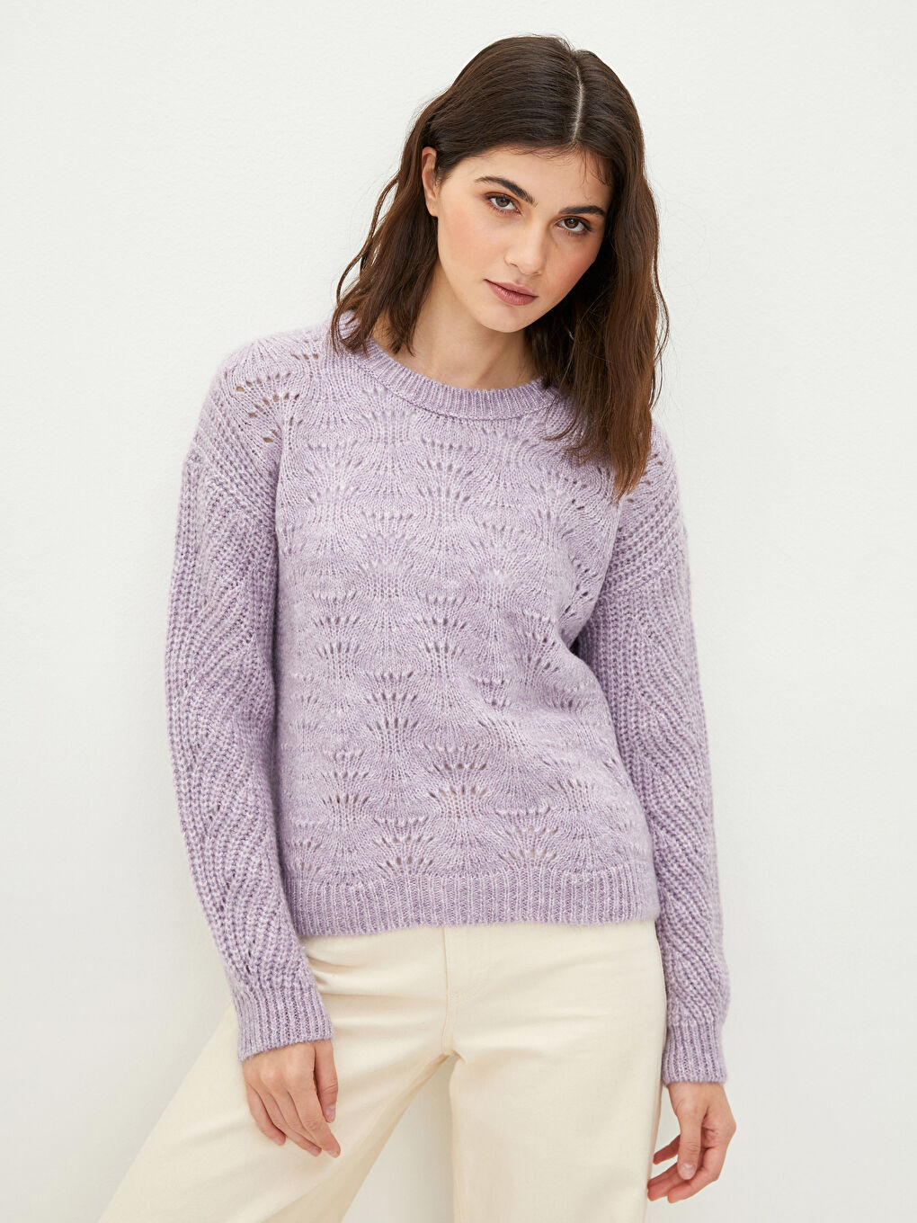 әйелдерге арналған дөңгелек жағалы өрнекті ұзын жең трикотаж жемпір