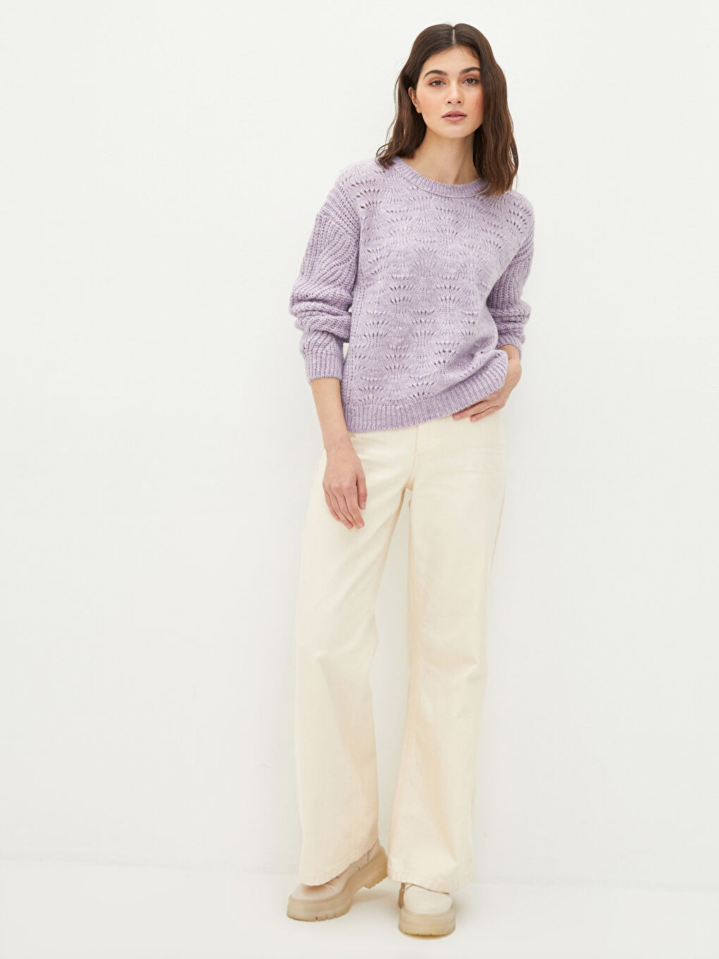 әйелдерге арналған дөңгелек жағалы өрнекті ұзын жең трикотаж жемпір-1