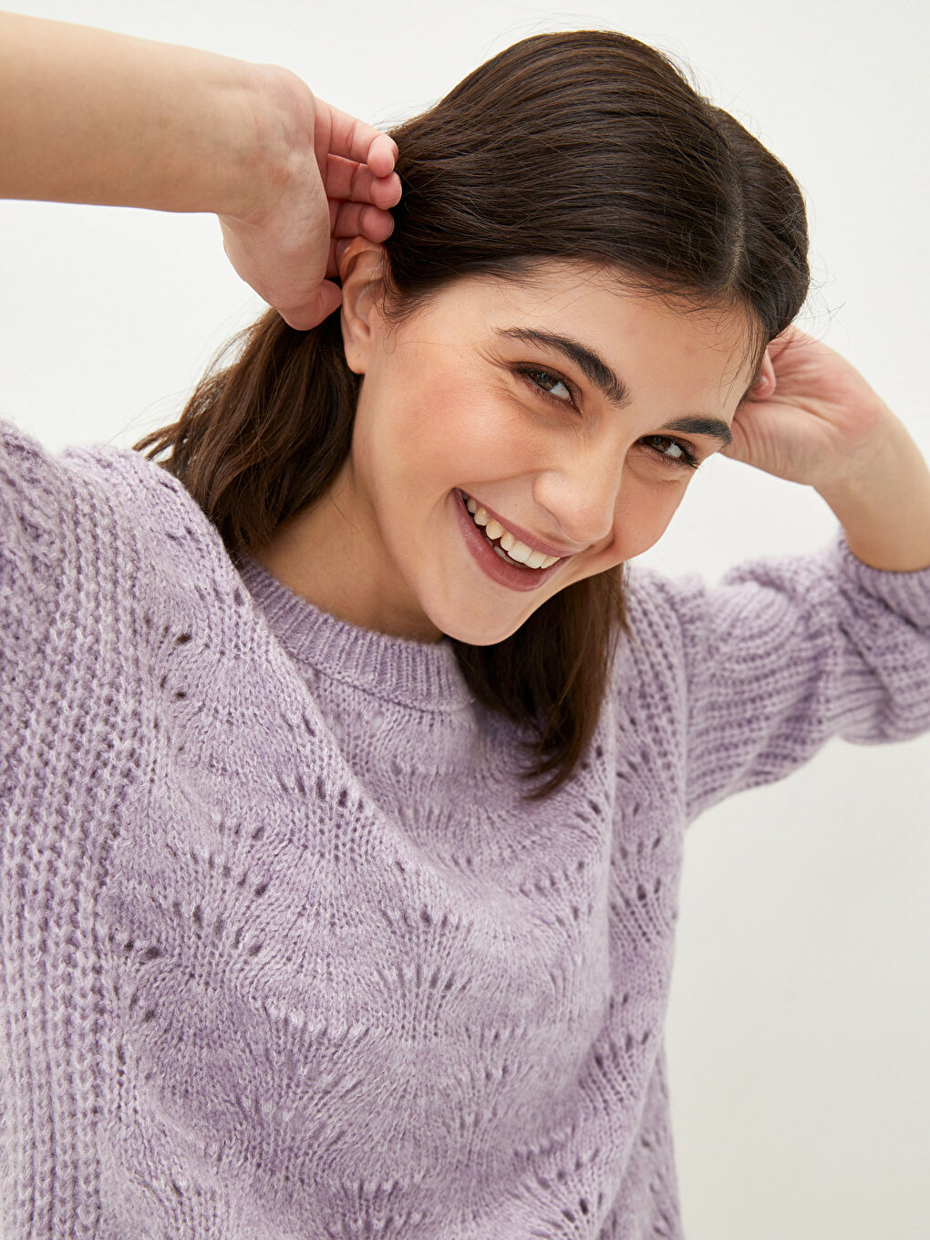 әйелдерге арналған дөңгелек жағалы өрнекті ұзын жең трикотаж жемпір-2