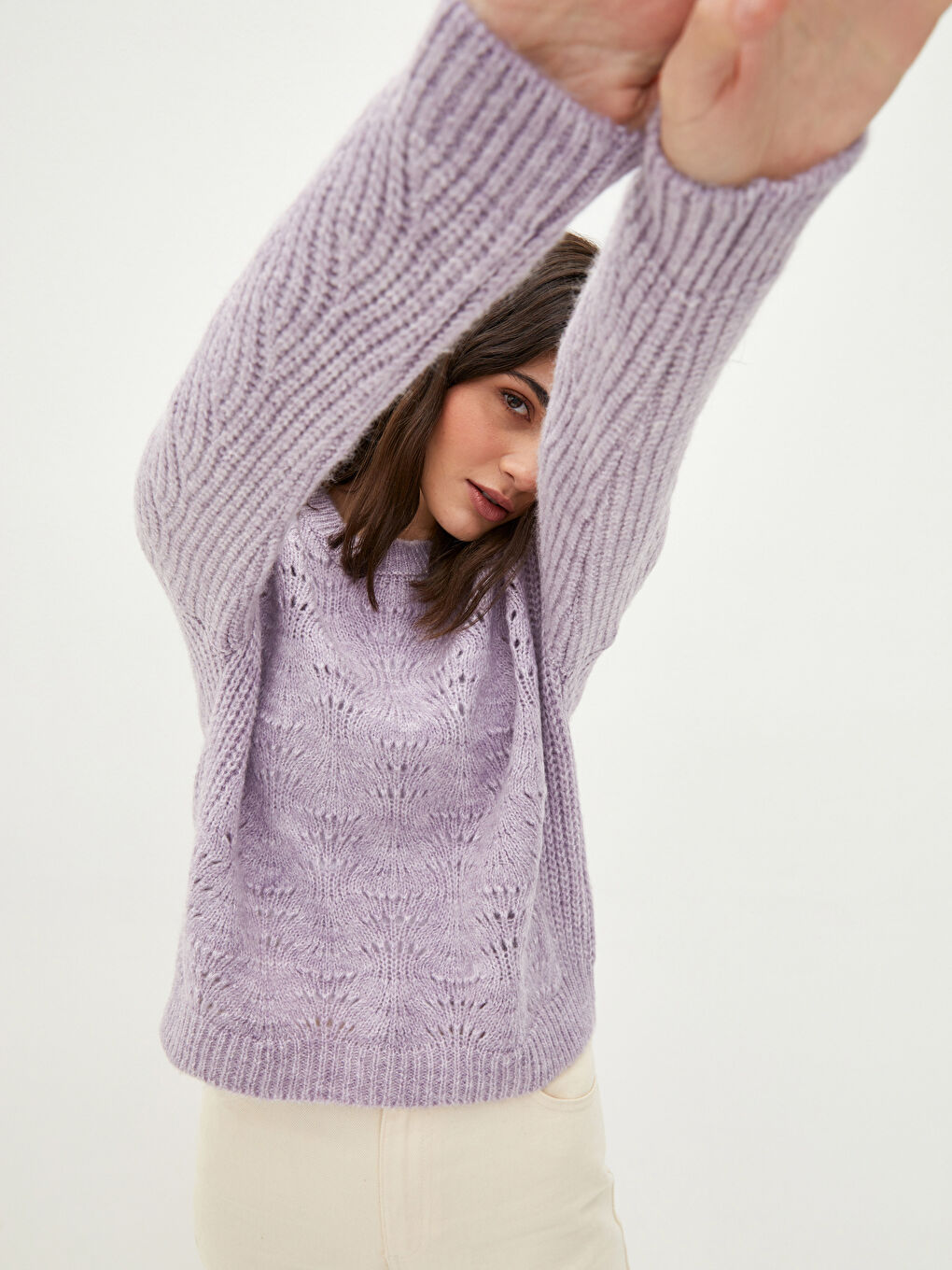 әйелдерге арналған дөңгелек жағалы өрнекті ұзын жең трикотаж жемпір-3