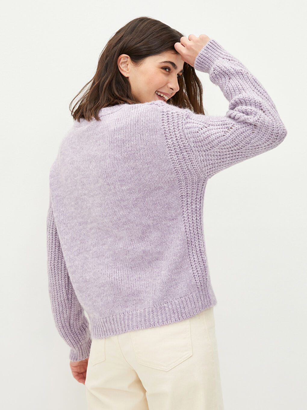 әйелдерге арналған дөңгелек жағалы өрнекті ұзын жең трикотаж жемпір-5