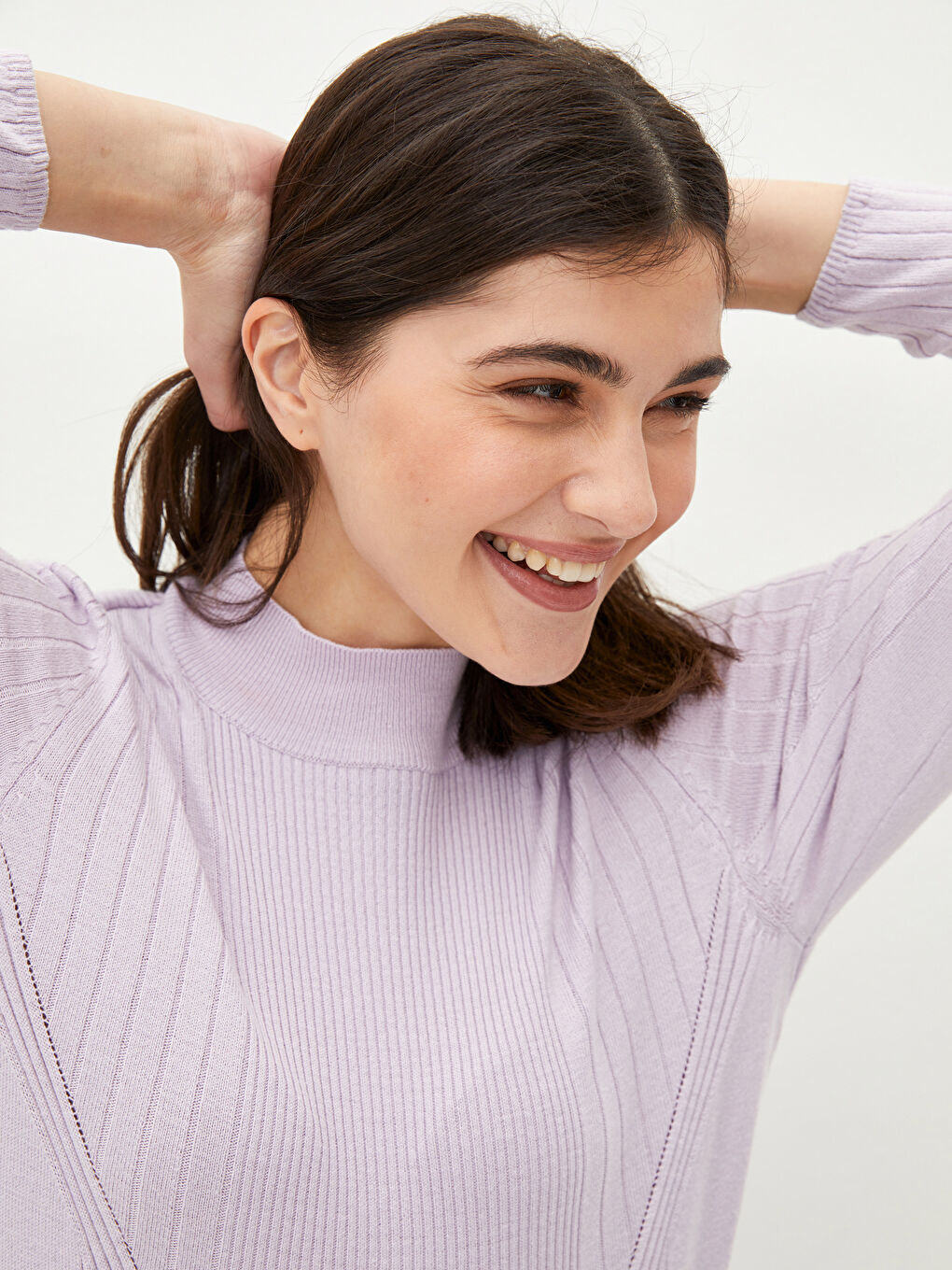 Lila Yarım Balıkçı Yaka Kendinden Desenli Uzun Kollu Kadın Triko Kazak-2