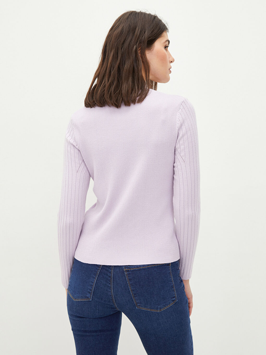 Lila Yarım Balıkçı Yaka Kendinden Desenli Uzun Kollu Kadın Triko Kazak-4