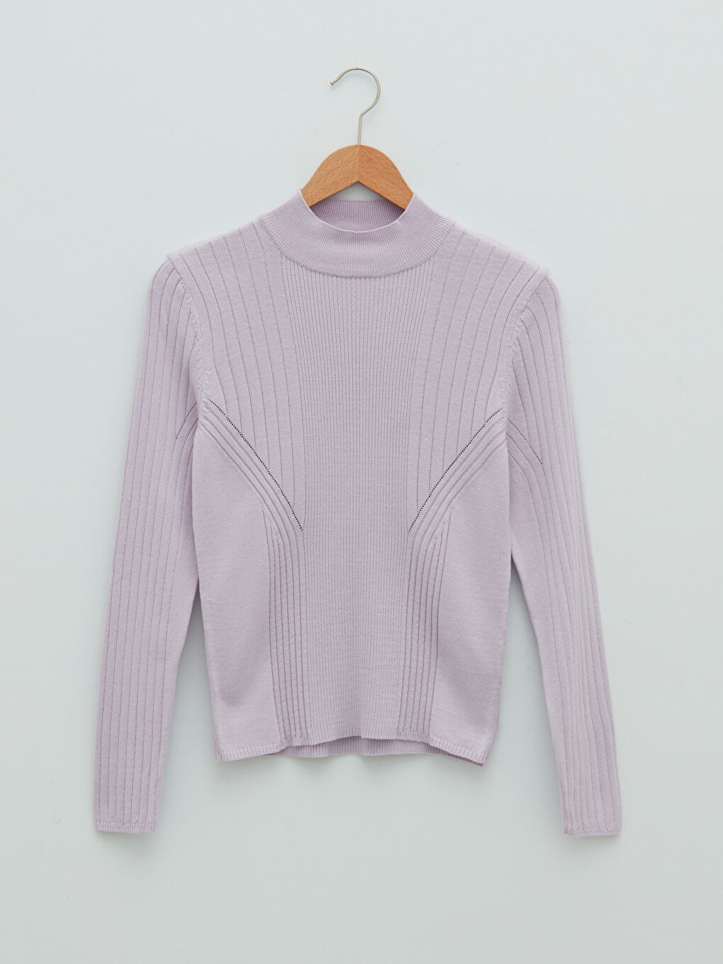 Lila Yarım Balıkçı Yaka Kendinden Desenli Uzun Kollu Kadın Triko Kazak-5