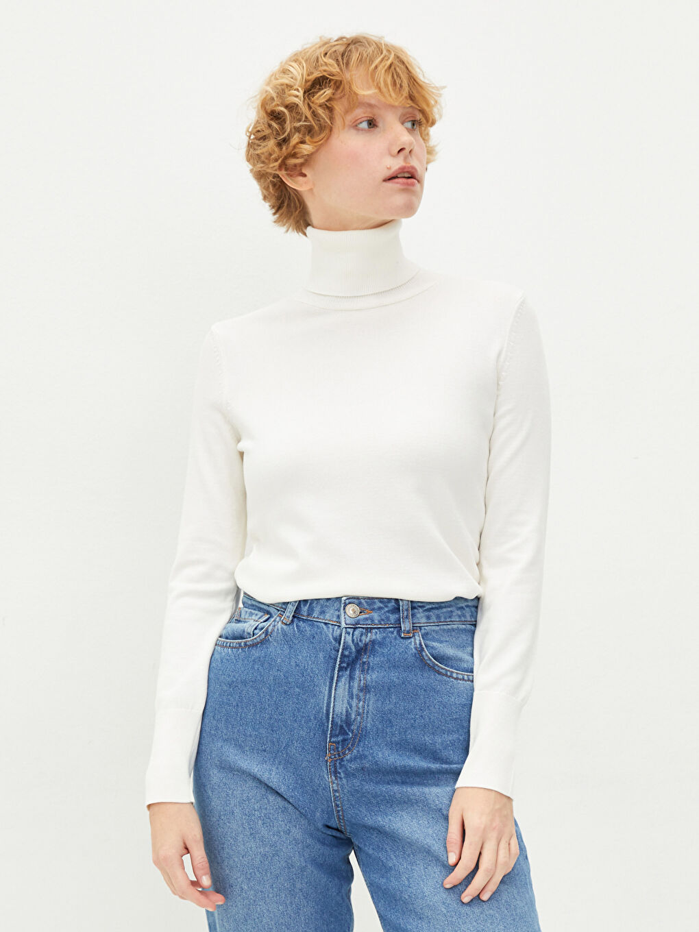 Pull-over Uni à Manches Longues pour Femmes en Tricot avec Col roulé