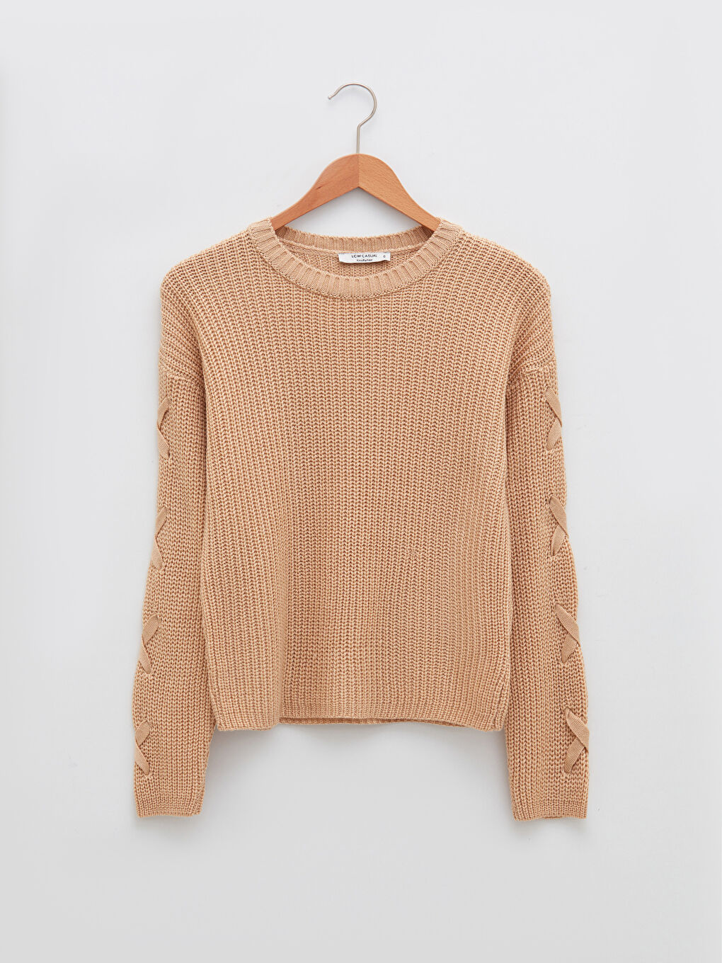 Bej Bisiklet Yaka Bağlama Detaylı Uzun Kollu Kadın Triko Kazak-6