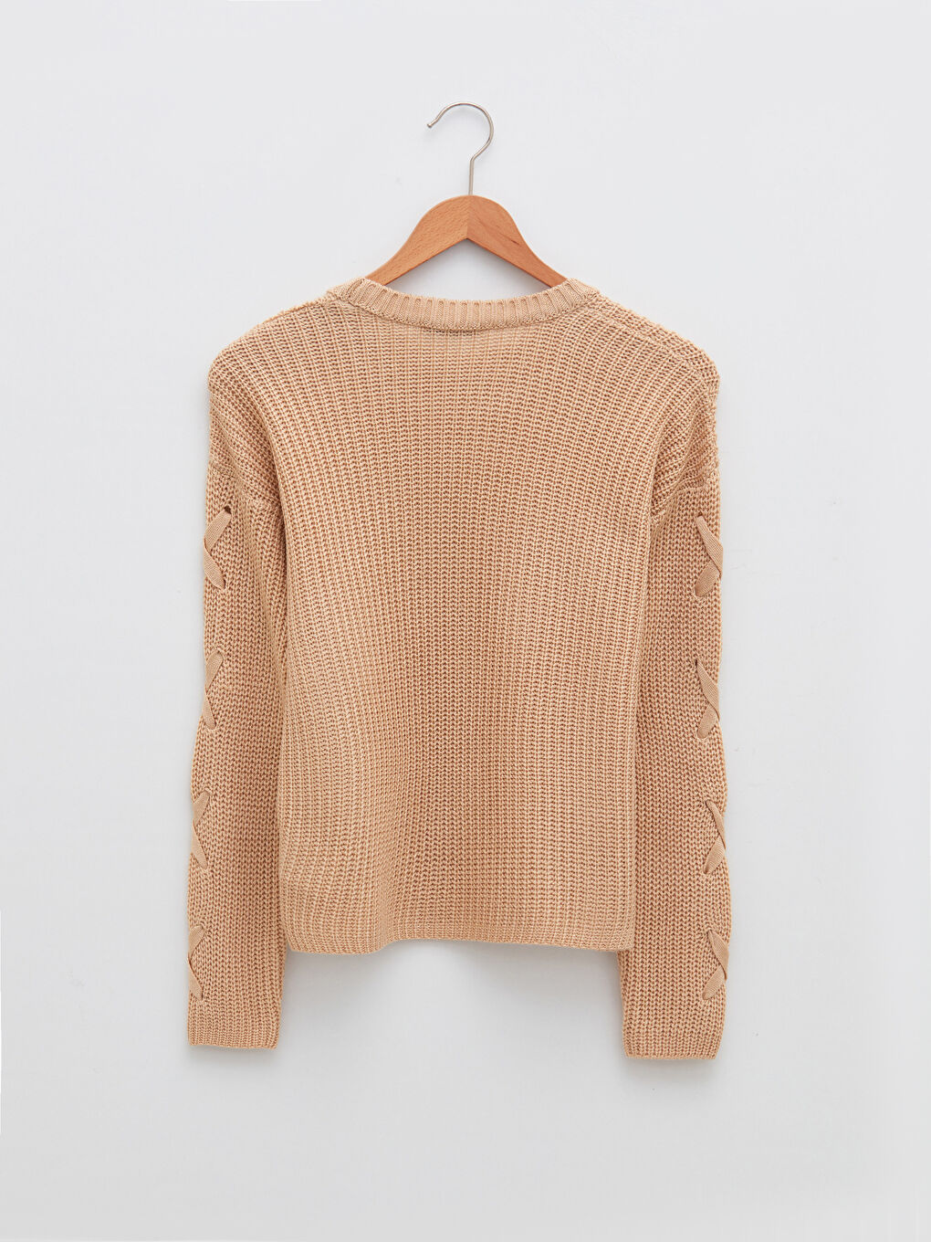 Bej Bisiklet Yaka Bağlama Detaylı Uzun Kollu Kadın Triko Kazak-7