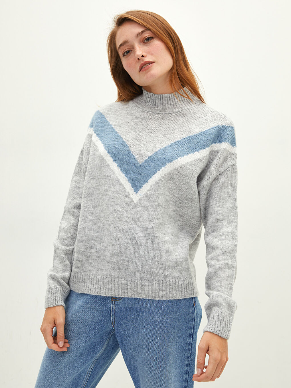 Πουλόβερ με Ψηλή Γιακα Μακρυμάνικο για Γυναίκες Πλεκτό με Χρωματικό Μπλοκ-2