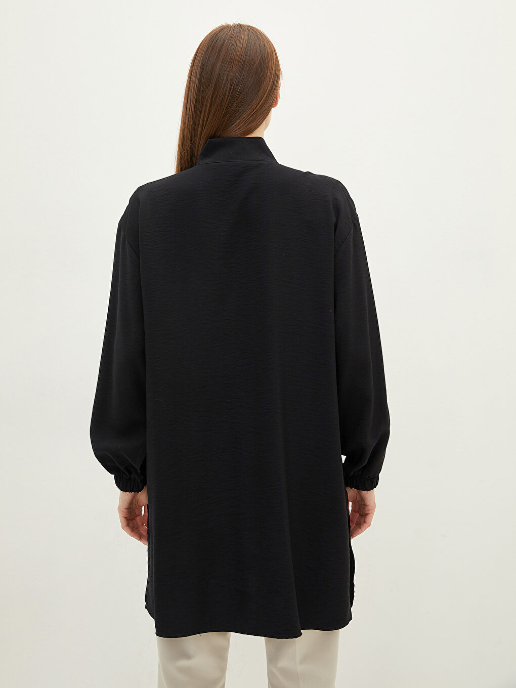 Siyah Dik Yaka Düz Uzun Kollu Kadın Tunik-5