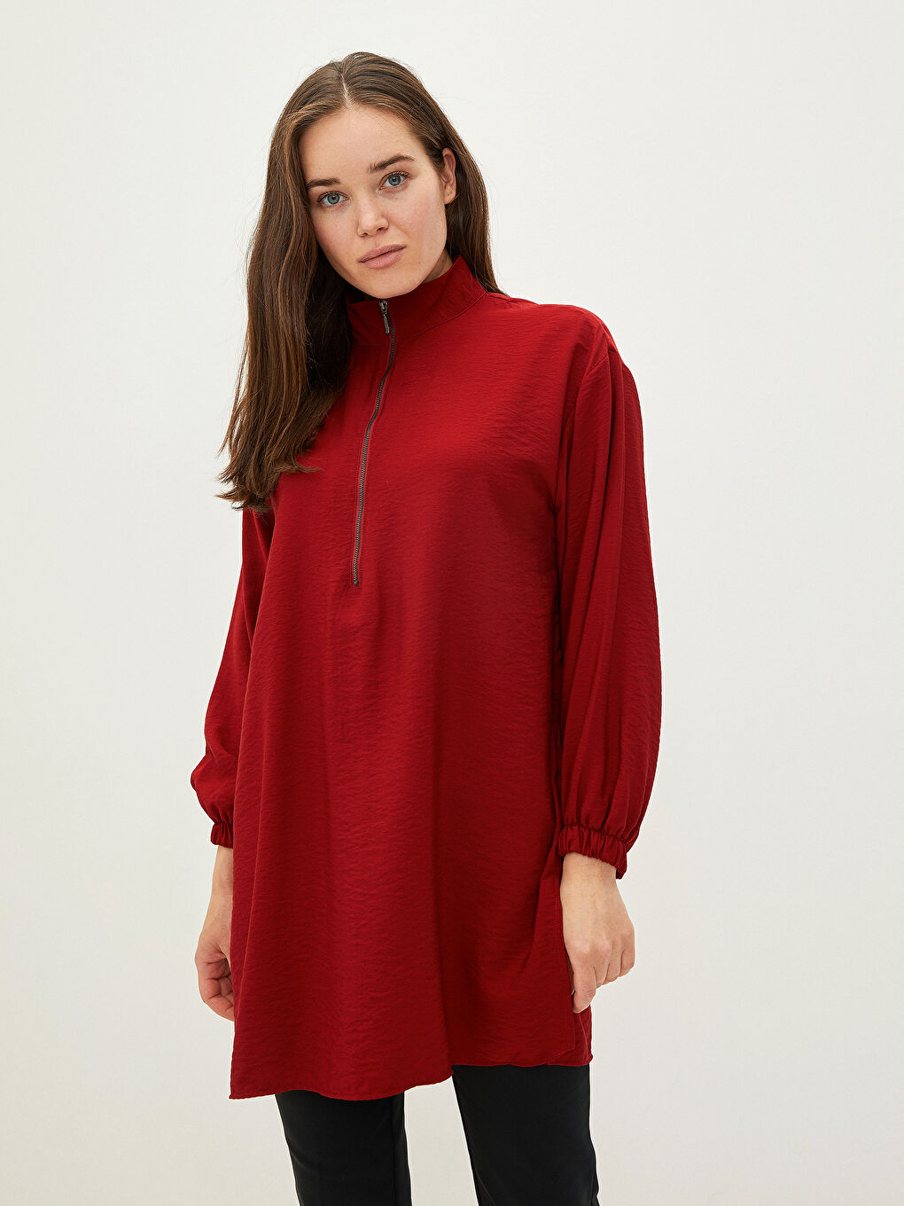 Bordo Dik Yaka Düz Uzun Kollu Kadın Tunik