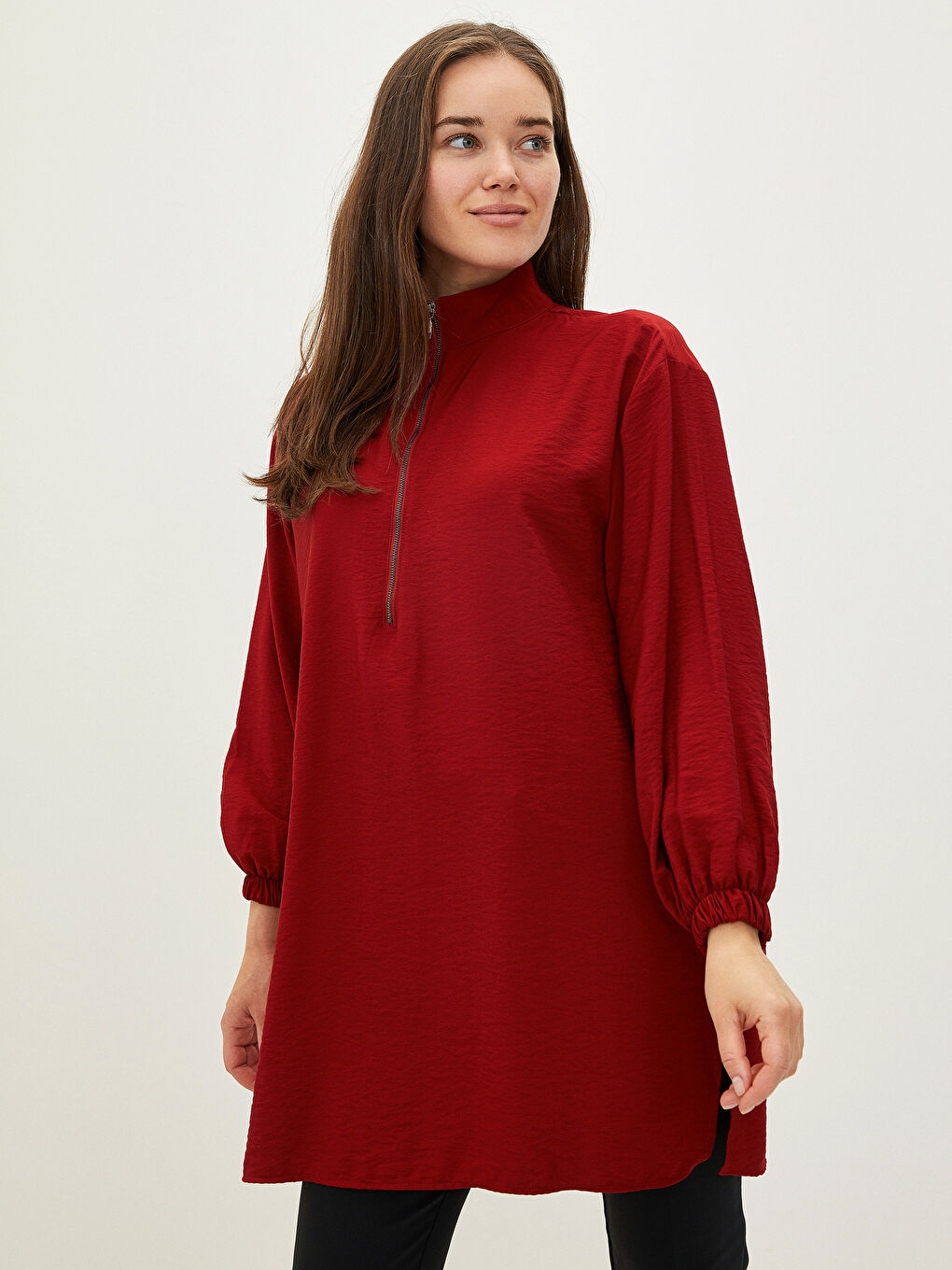 Bordo Dik Yaka Düz Uzun Kollu Kadın Tunik-2